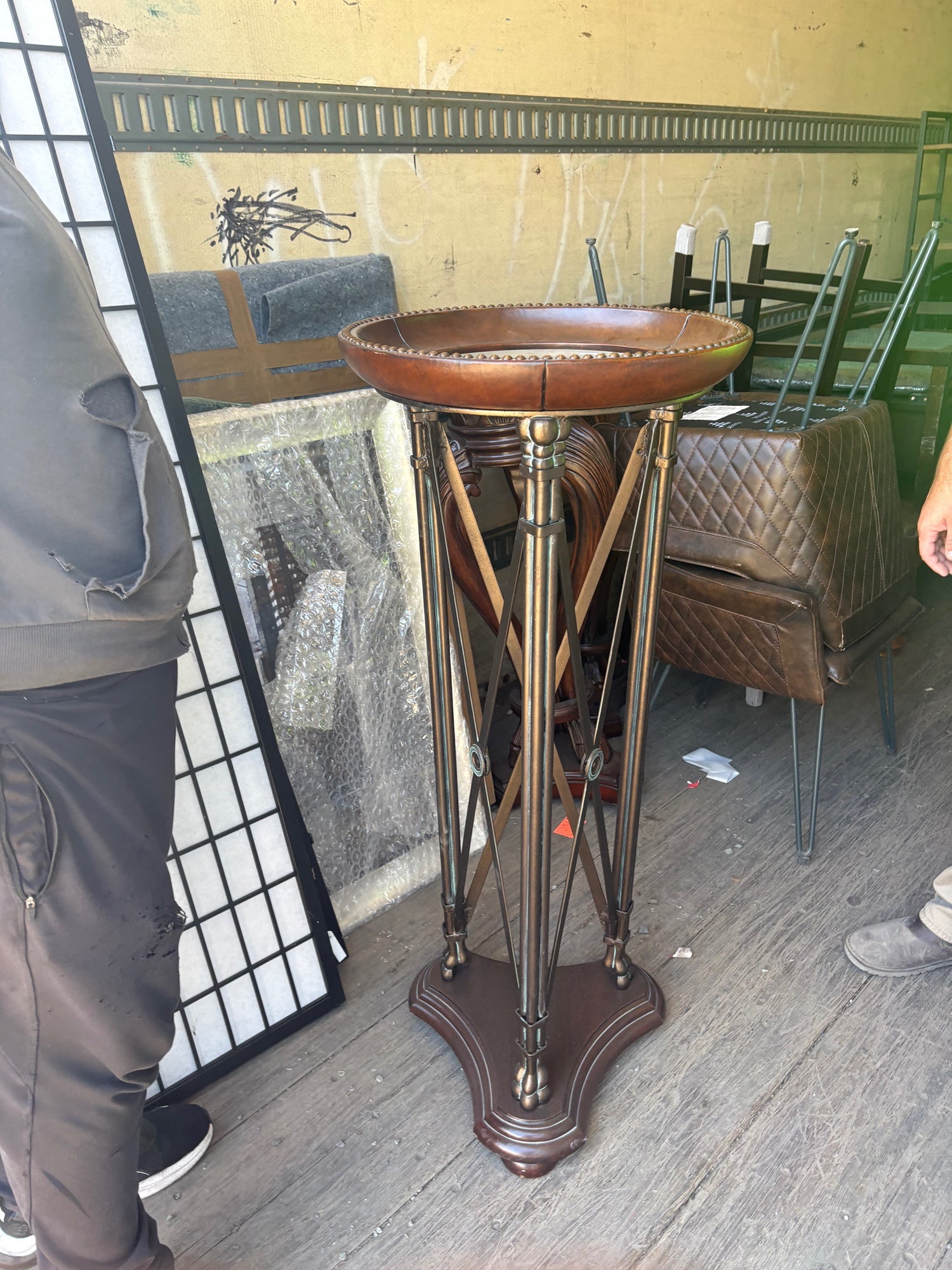 Rustic Brown Metal Plant Stand with Wooden Top