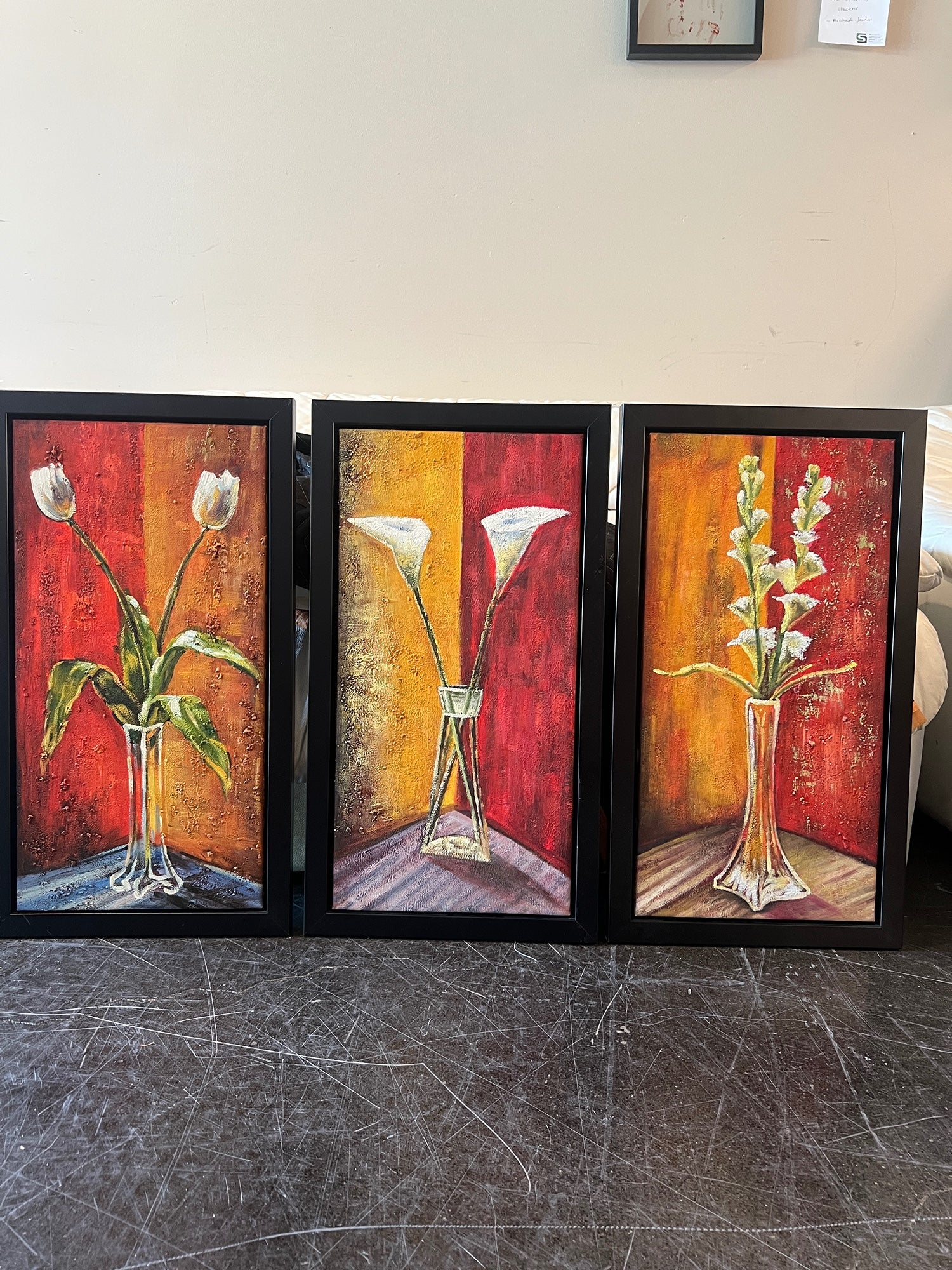 Triptych of Vibrant Floral Canvas Art in Black Frames