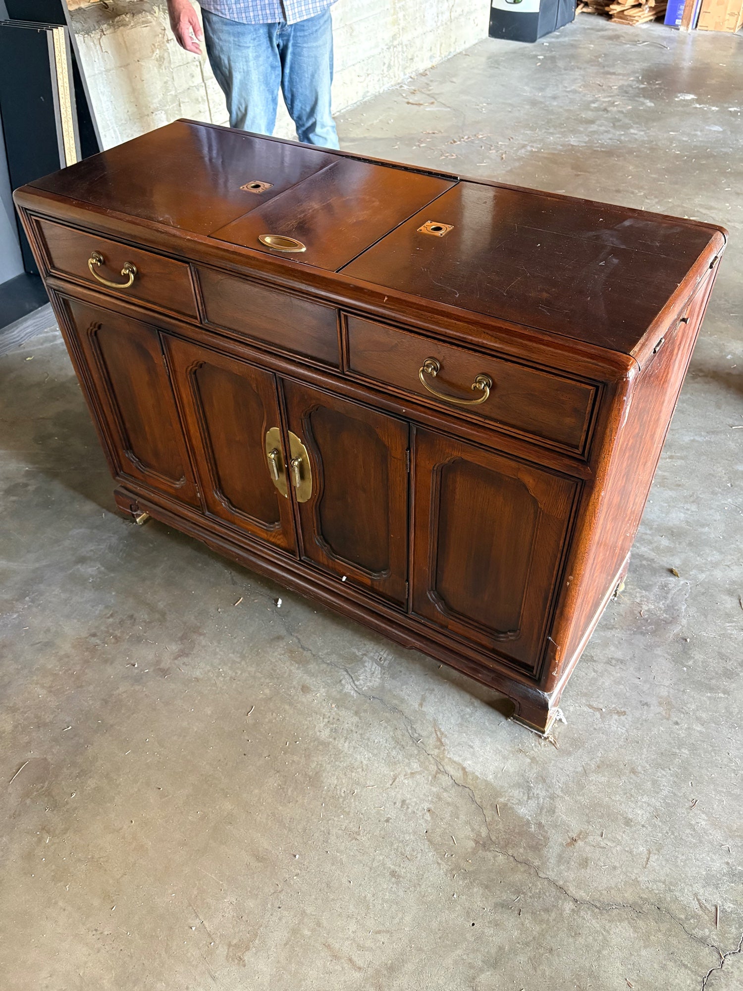American of Martinsville Side Board Fold Down - Dark Wood Sideboard with Brass Hardware