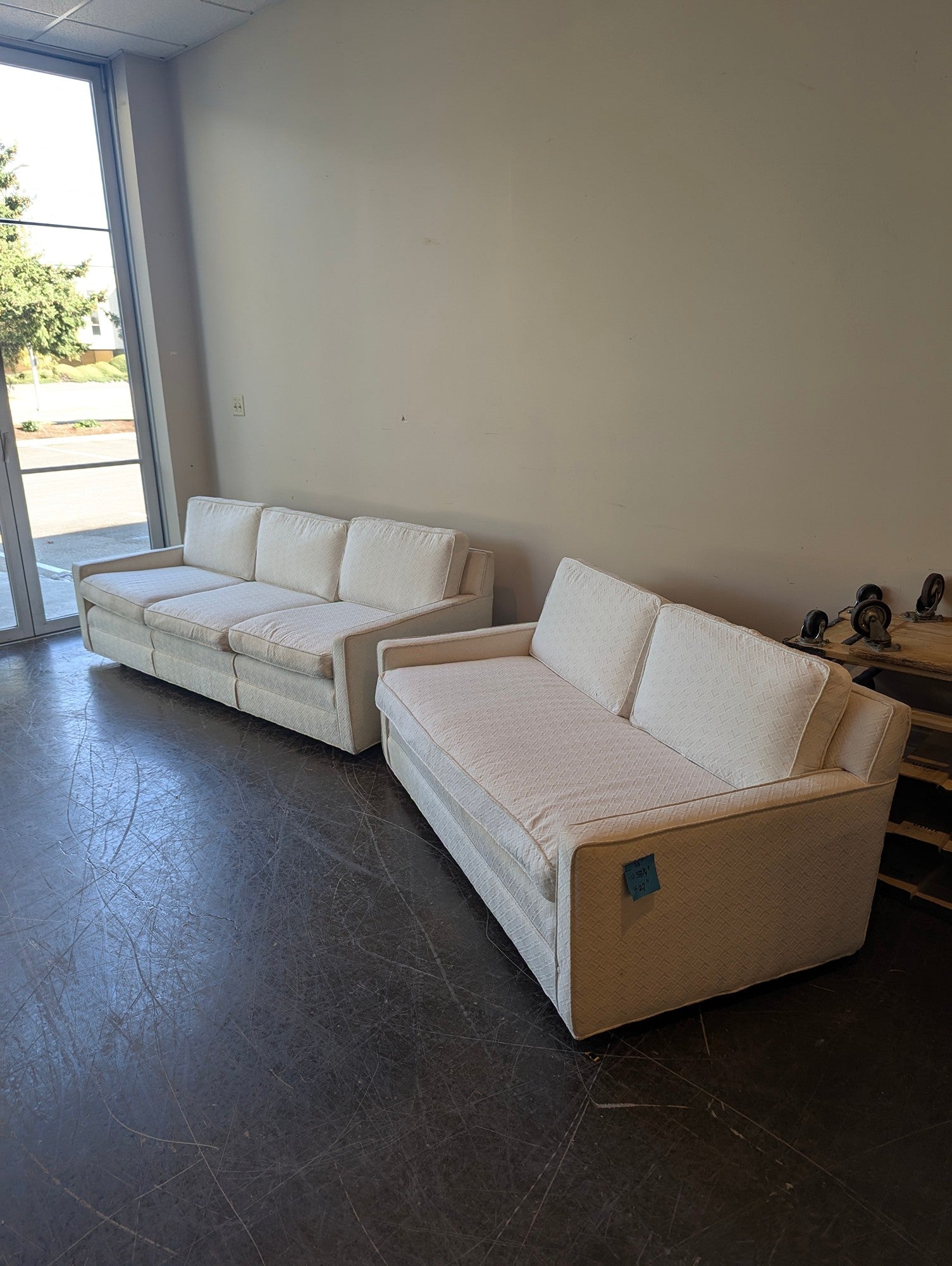 (Set of Two) Modern White Three Seater Couch and Loveseat on Wheels