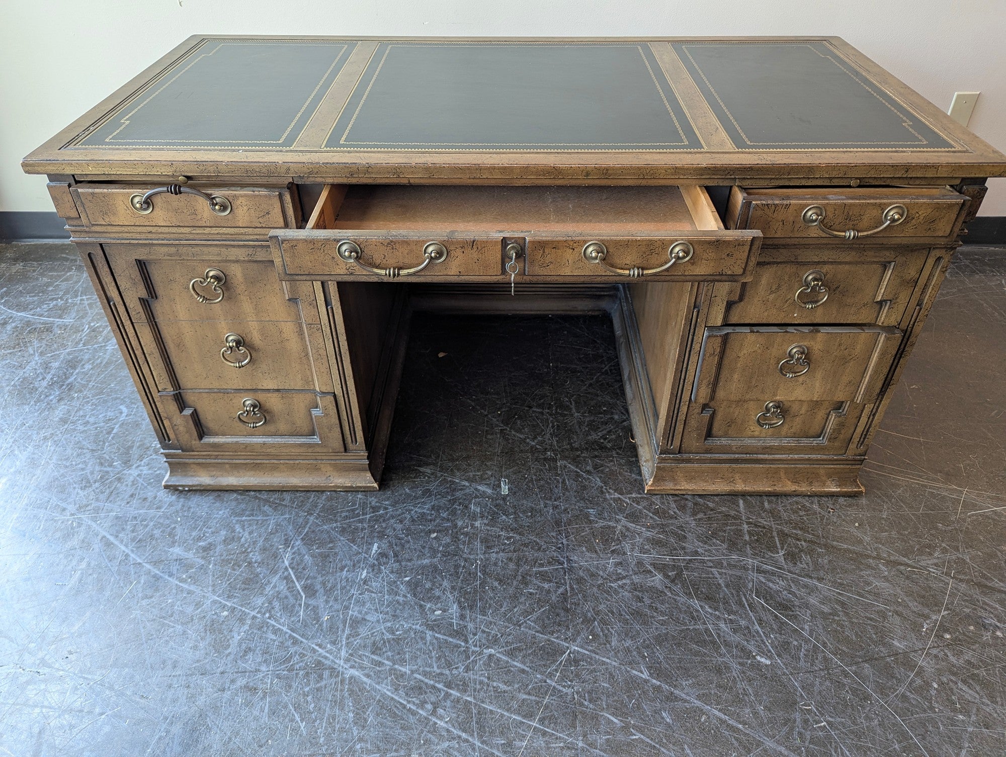 Vintage Style Pedestal Desk with Tooled Leather Top
