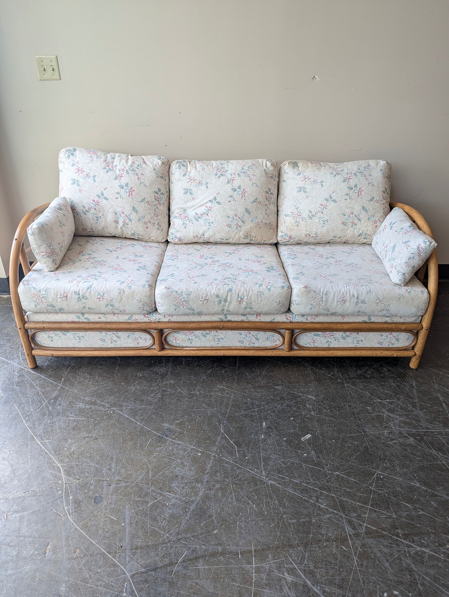 Vintage Rattan Three-Seat Sofa with Floral Upholstery