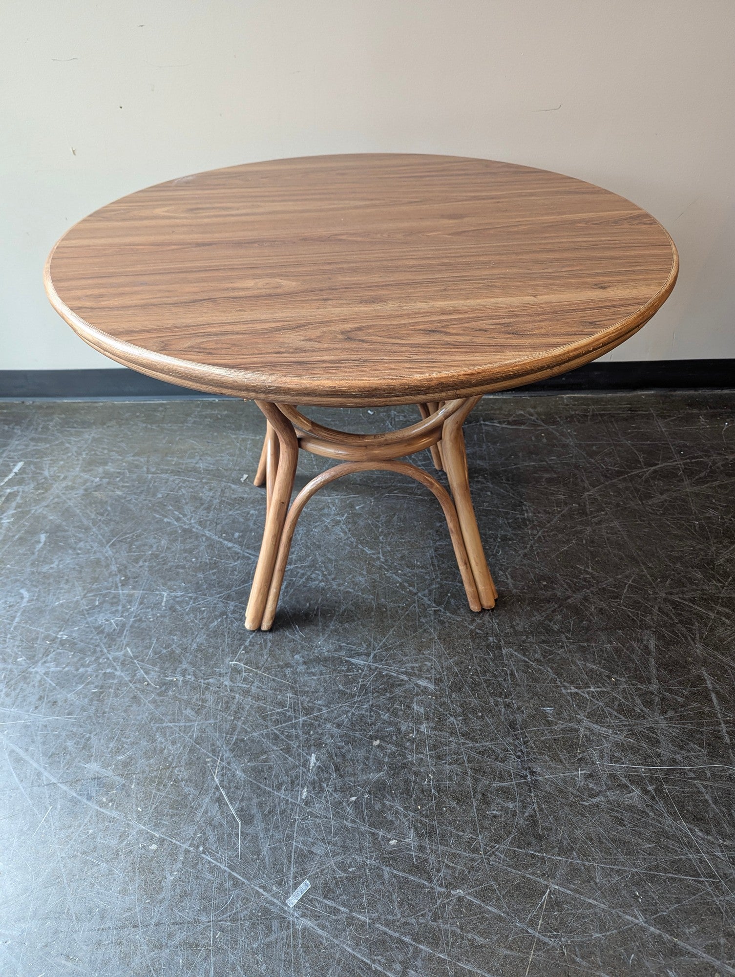 Round Rattan Base Accent Table with Wood Grain Top