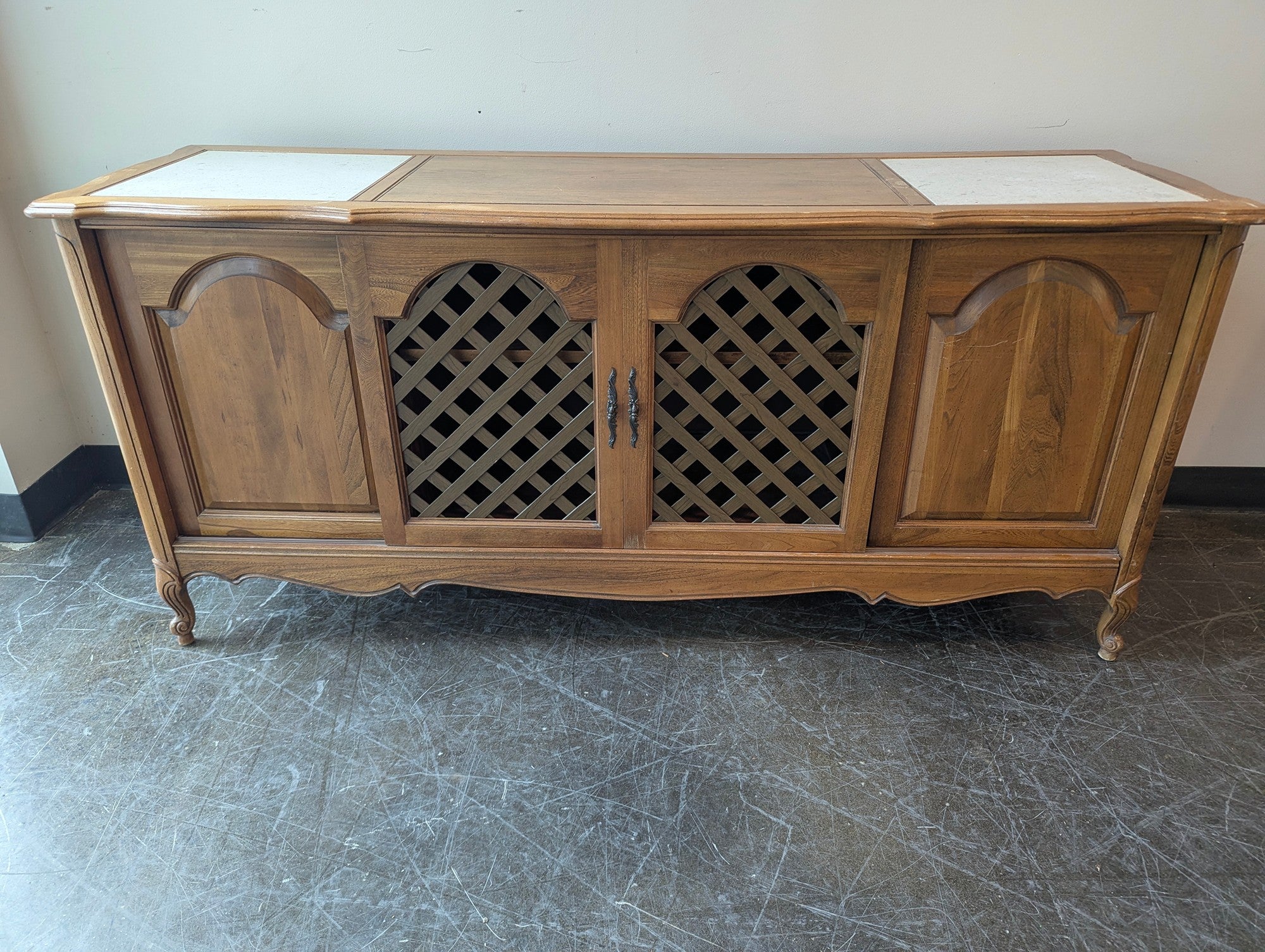 Vintage Wood Sideboard with Lattice Doors and Stone Inlays