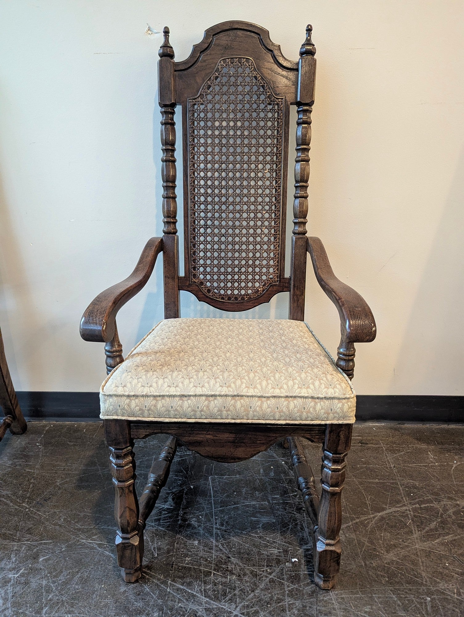 Vintage Dark Wood Armchair with Cane Back and Upholstered Seat