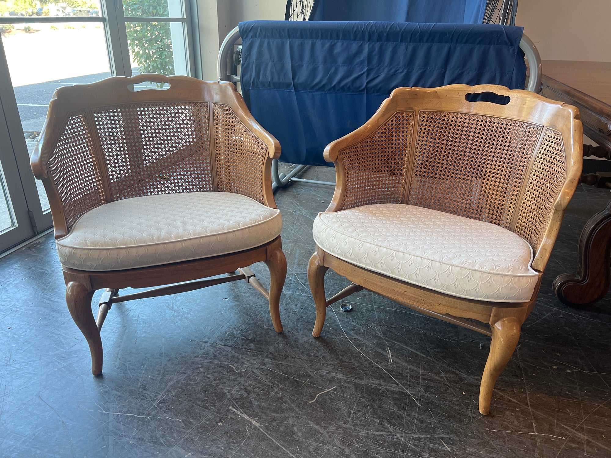 Vintage MCM Cane Back Wood Armchairs - Set of Two