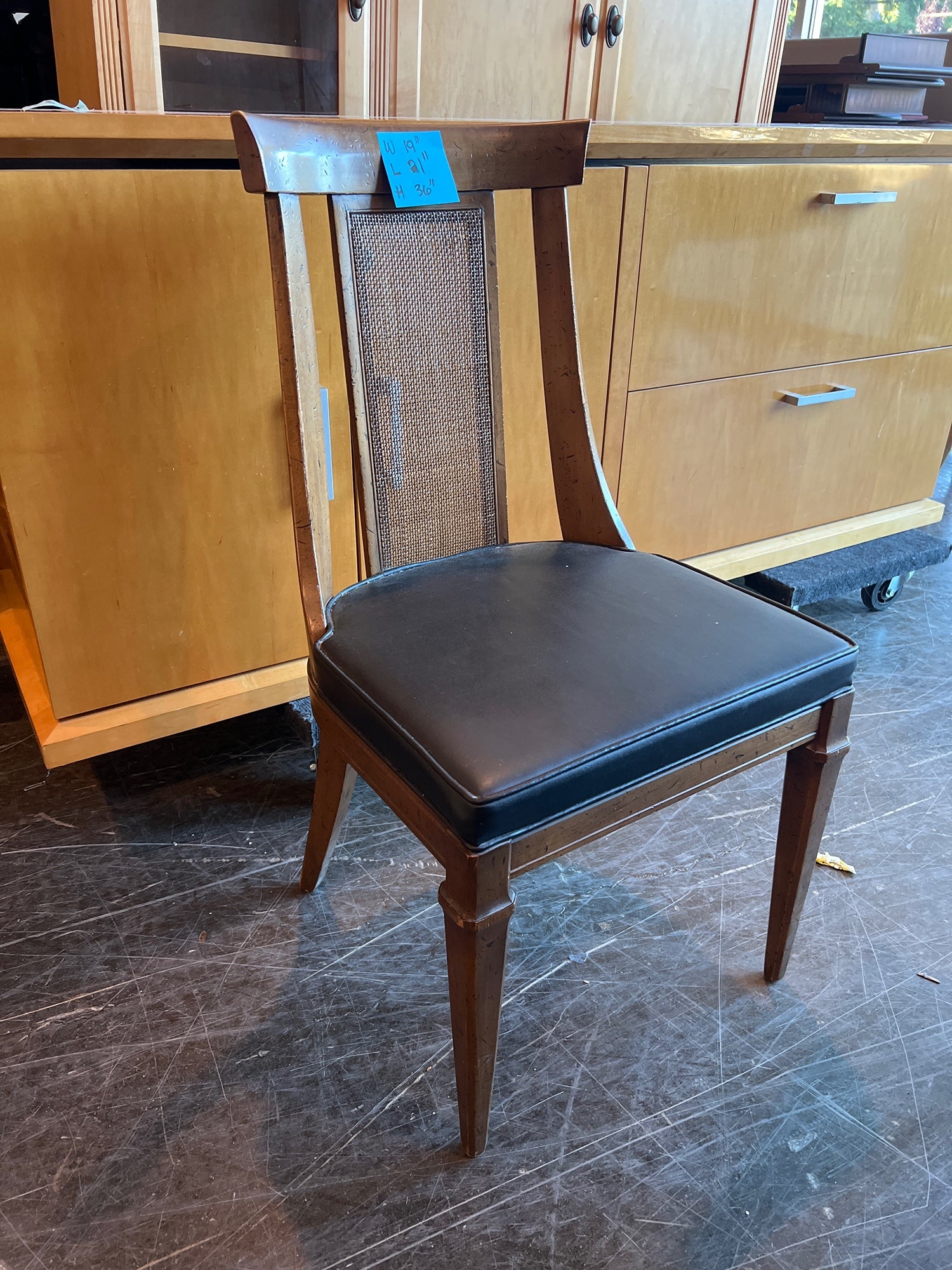 Classic Wood Cane Back Dining Chair with Black Upholstered Seat