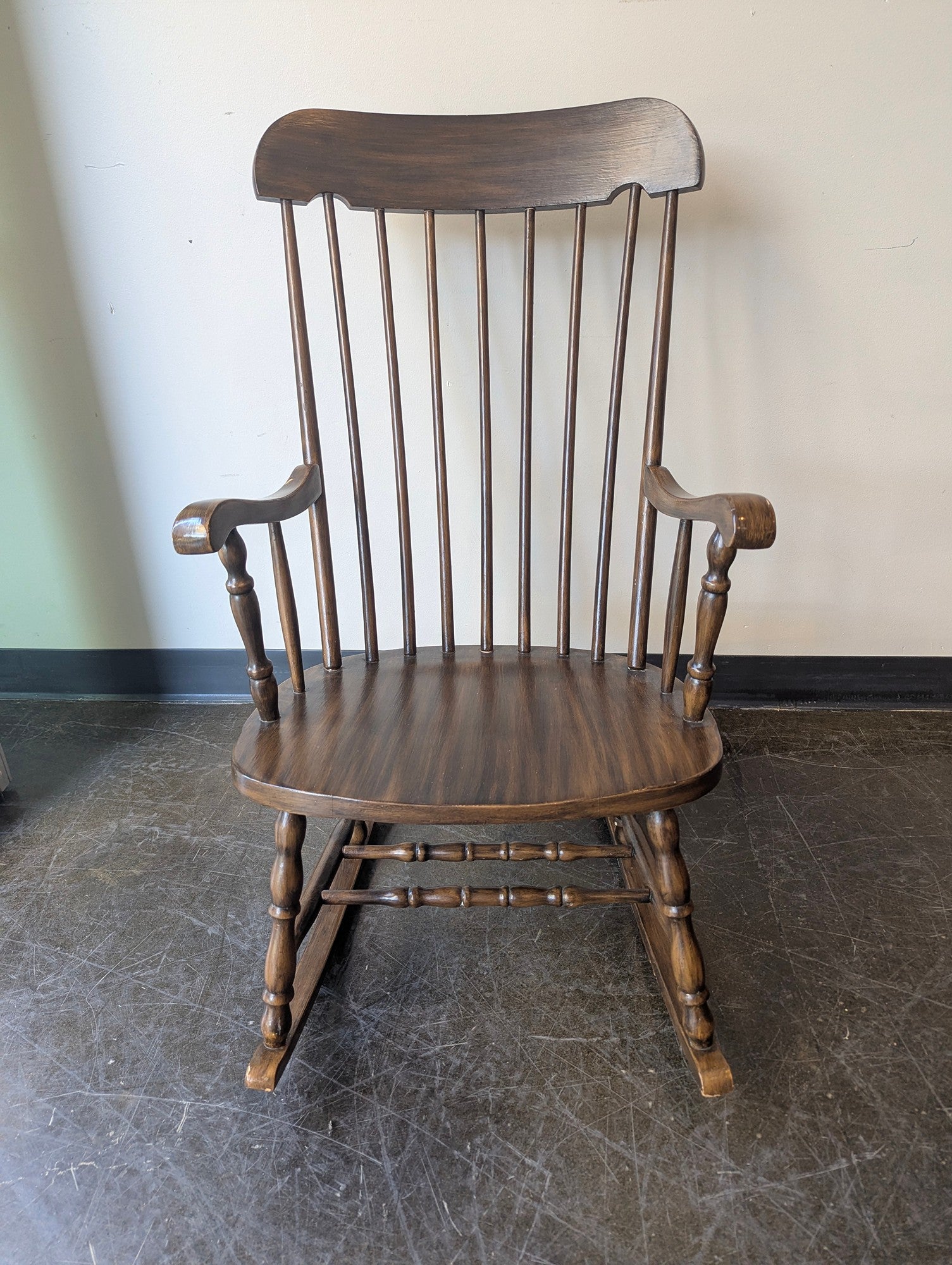 Classic Dark Wood Windsor Style Spindle Back Rocking Chair