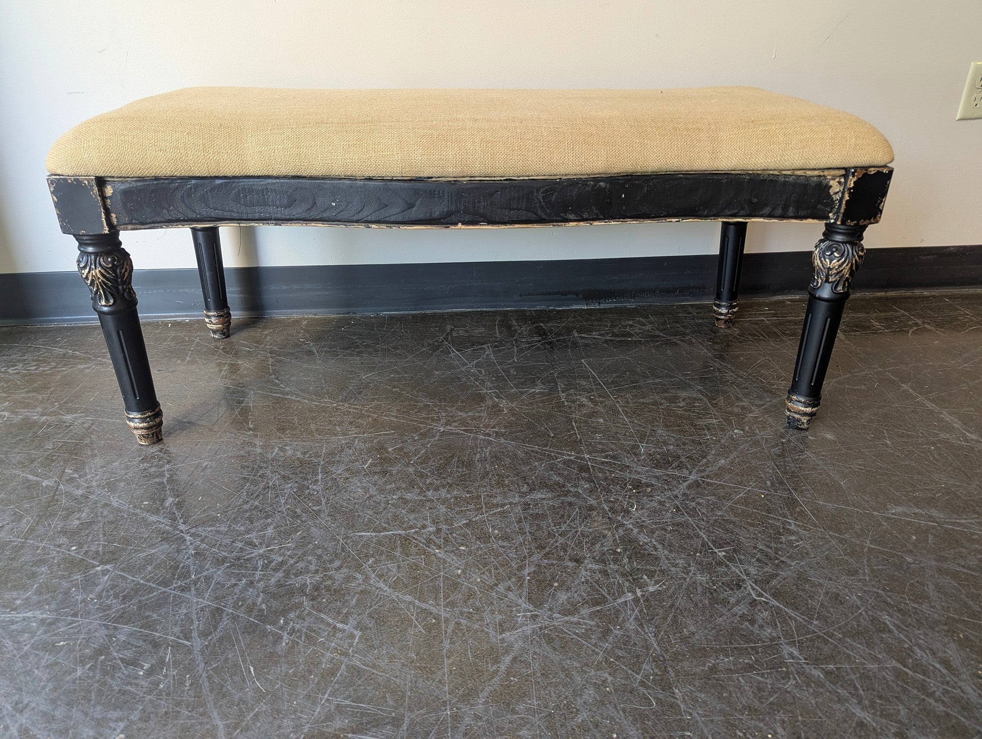 Distressed Black Upholstered Accent Bench with Carved Legs