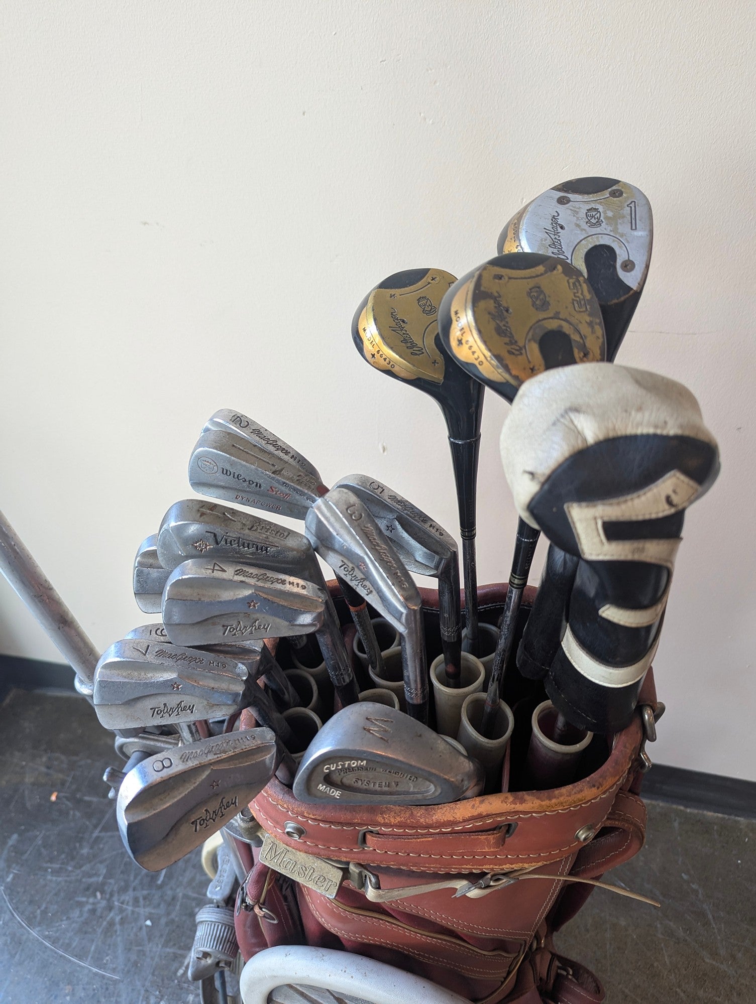 Vintage Bag Boy Golf Push Cart with Leather Golf Bag and Assorted Clubs