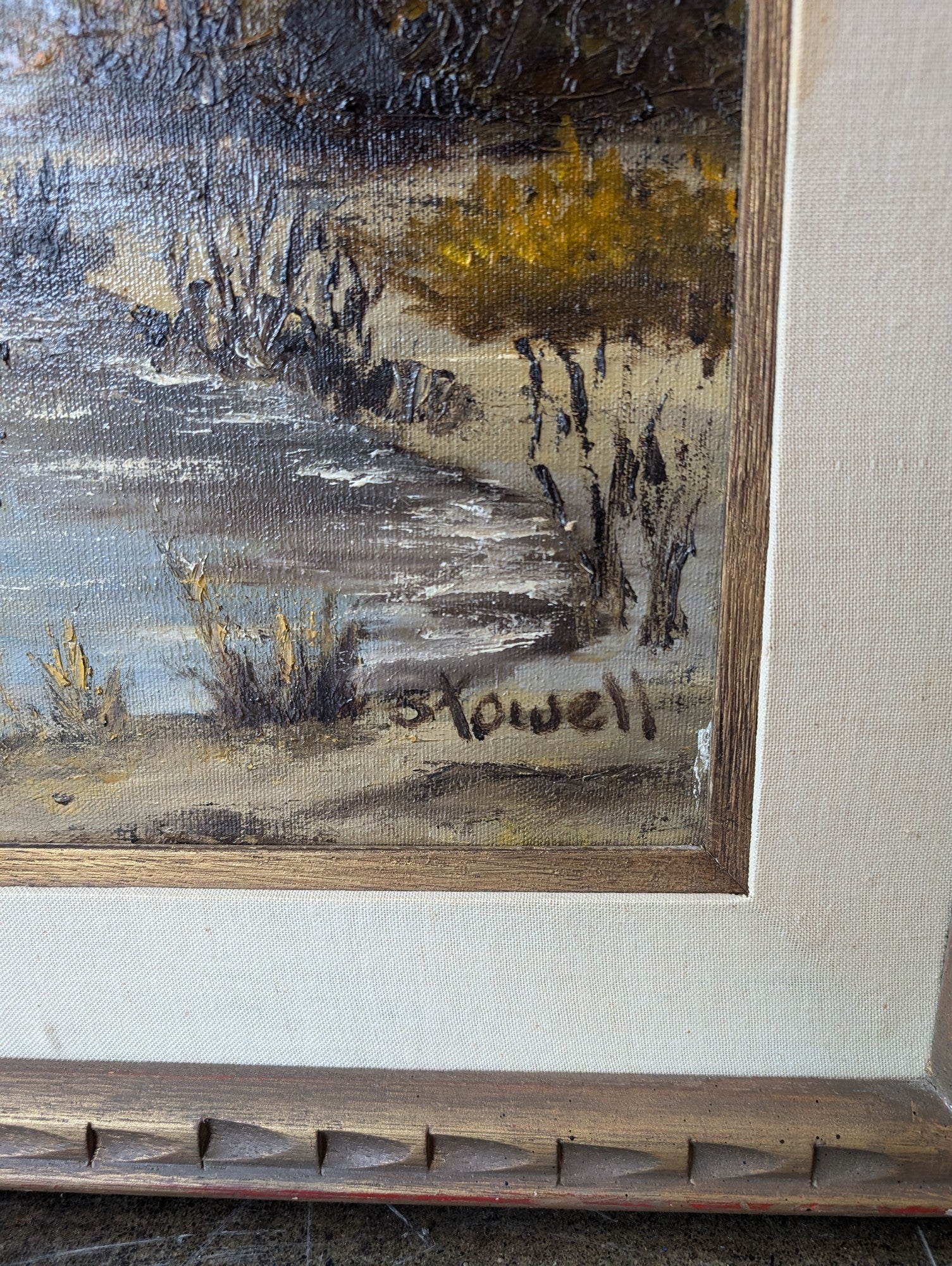 Stowell Signed Vintage Mountain River Landscape Oil Painting