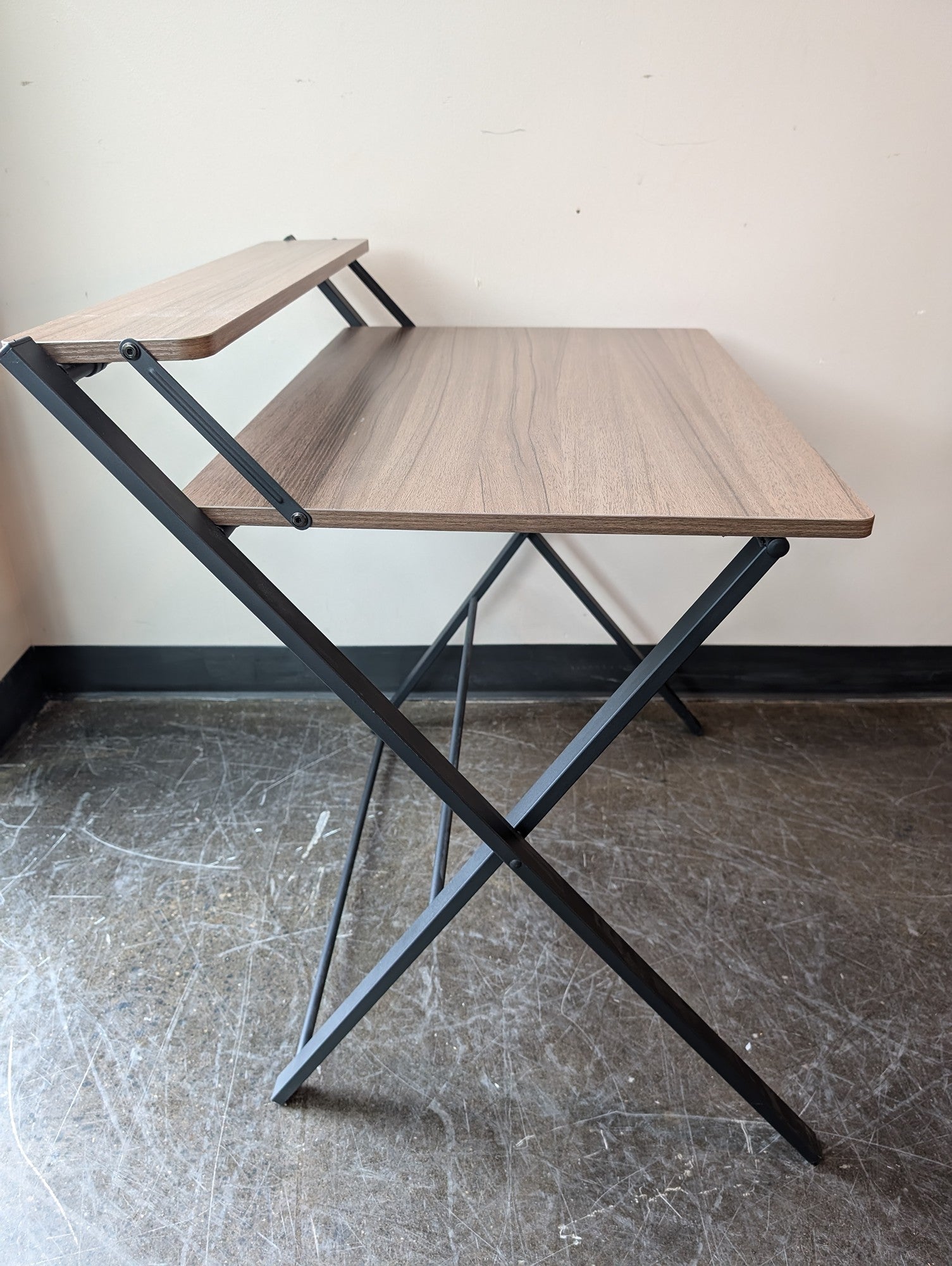 Compact Wood-Grain Desk with Elevated Shelf