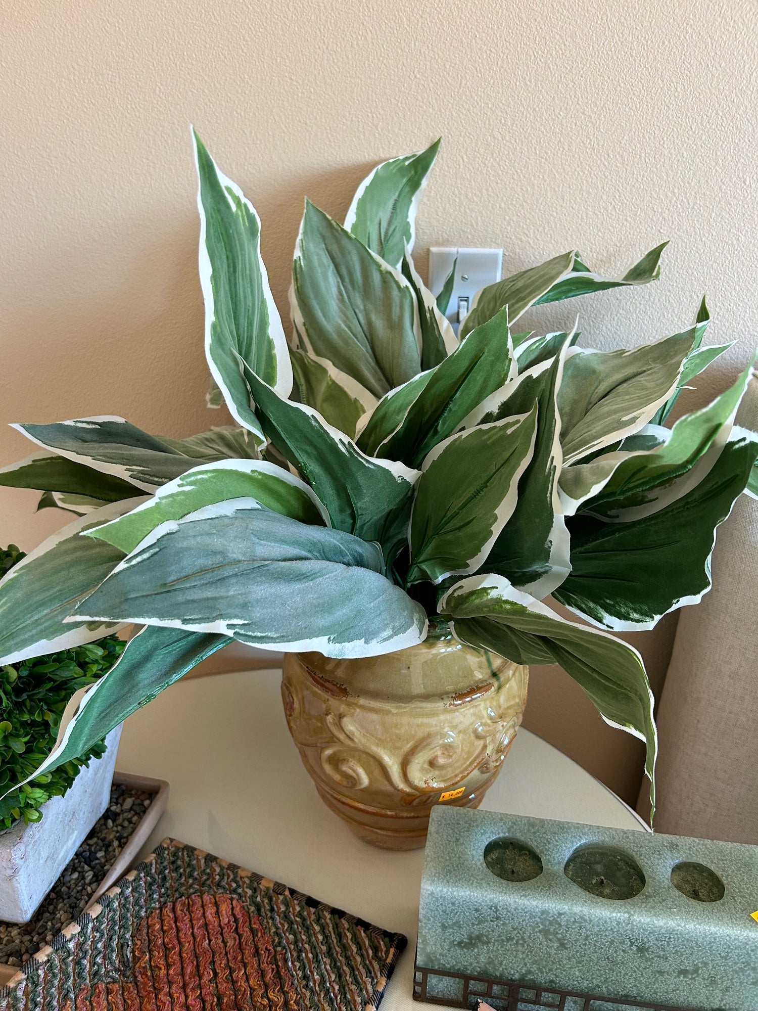Artificial Variegated Green Plant in Glazed Ceramic Pot