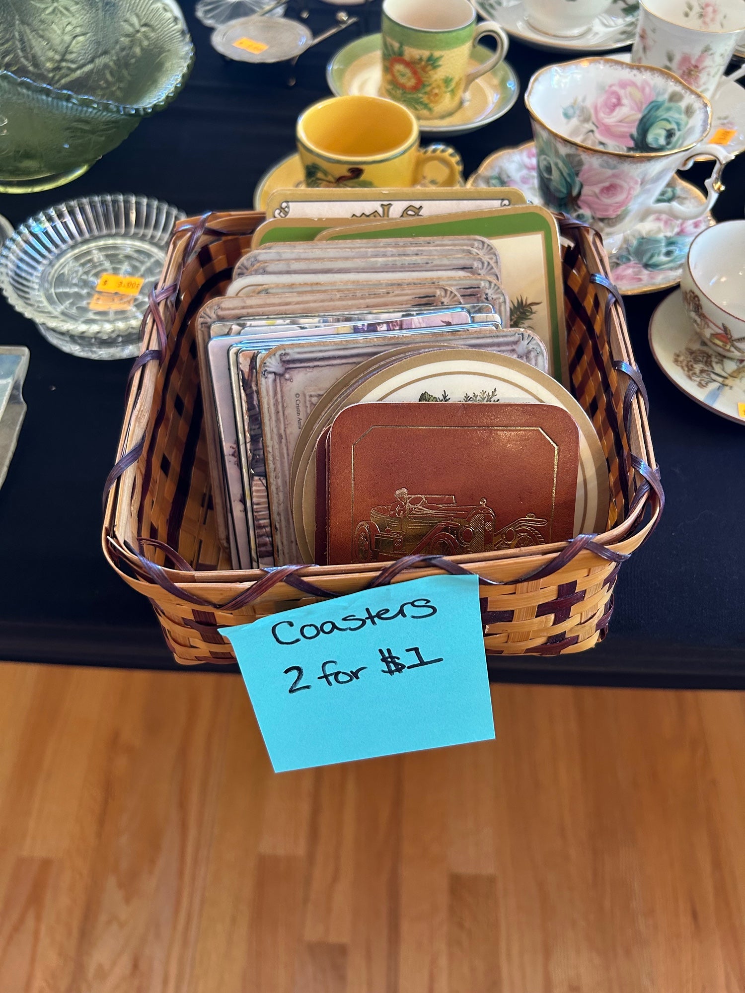 Assorted Vintage Style Coasters with Woven Storage Basket