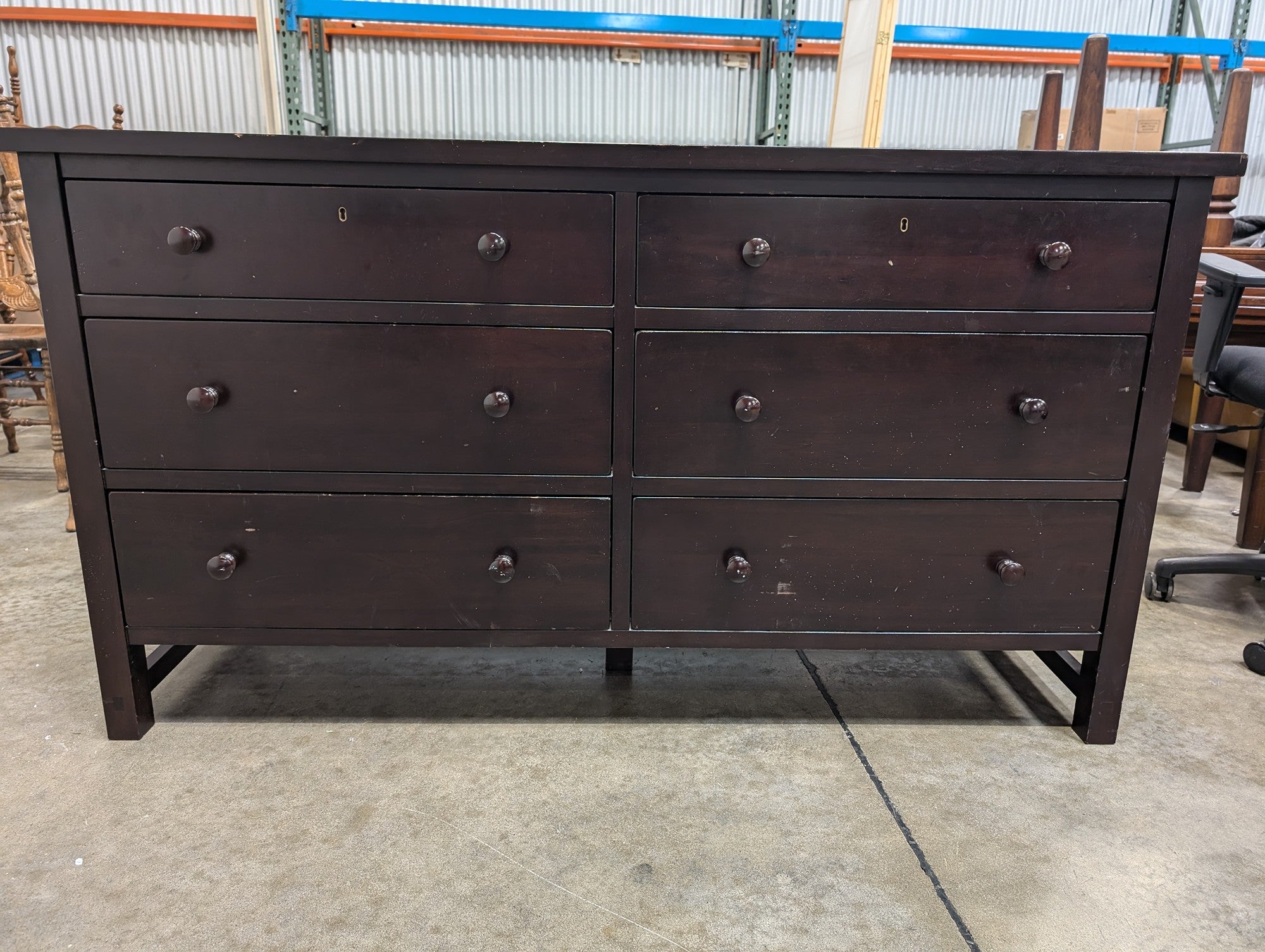 Dark Brown Six-Drawer Dresser with Knob Pulls