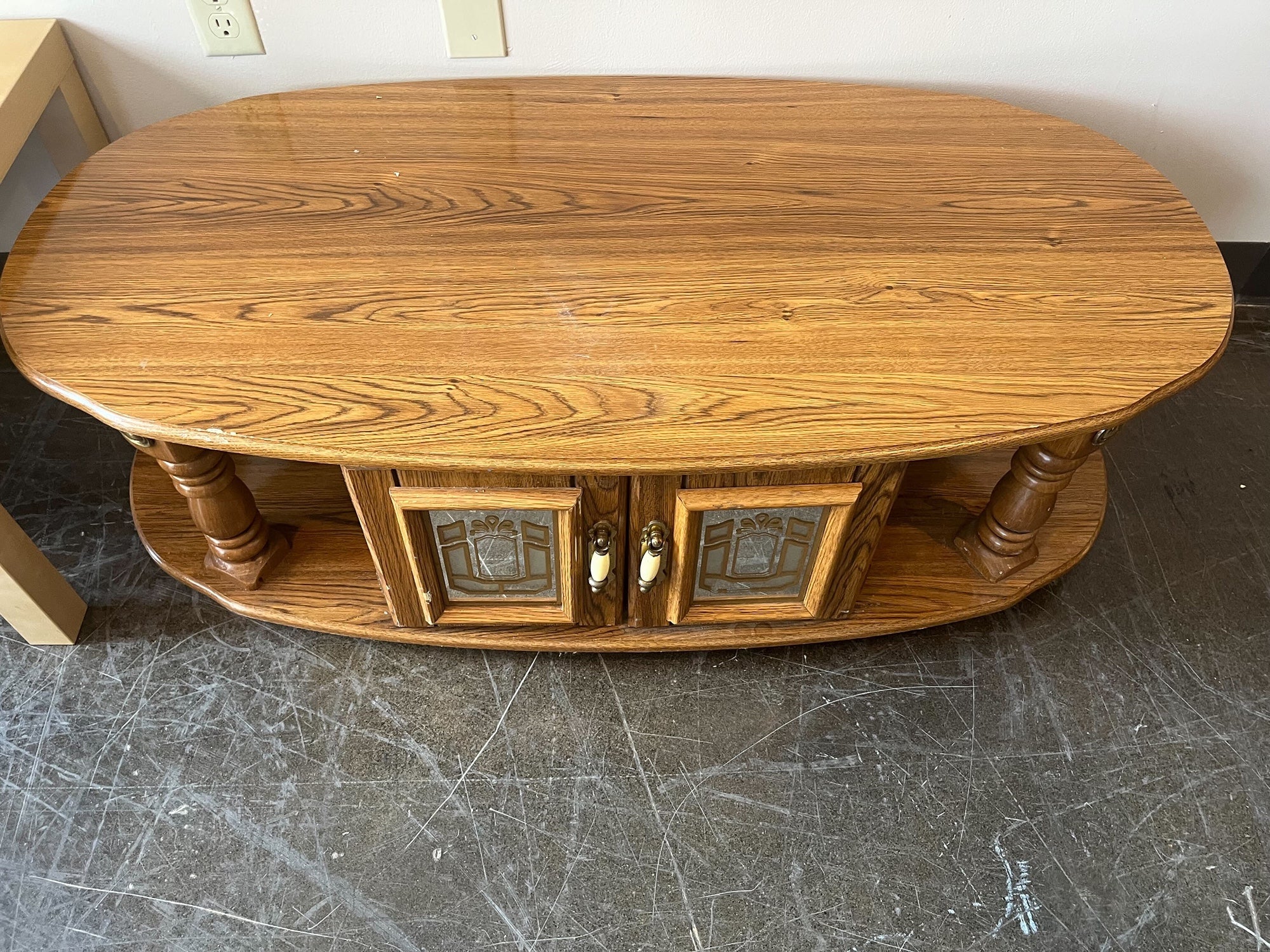 Traditional Oval Wood Coffee Table with Glass Cabinet Doors
