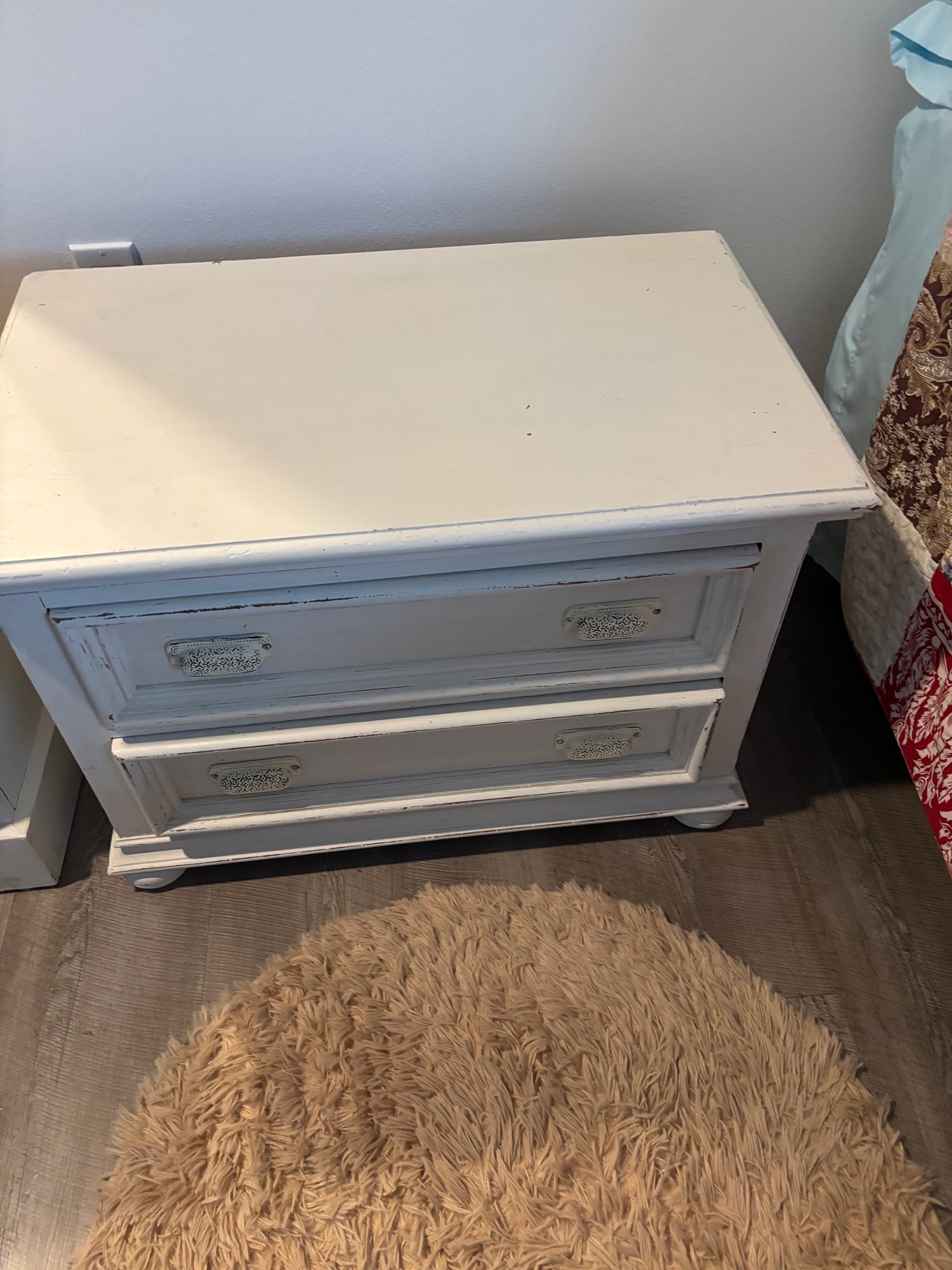Drexel Distressed White Two-Drawer Bedside Table with Decorative Hardware