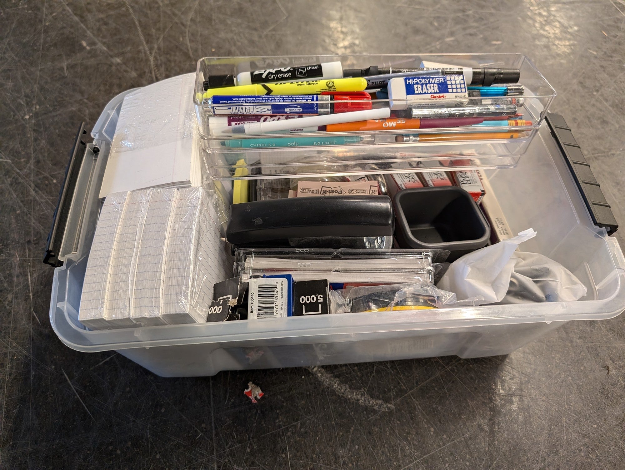 Comprehensive Assorted Office Supplies Collection with Clear Storage Organizer