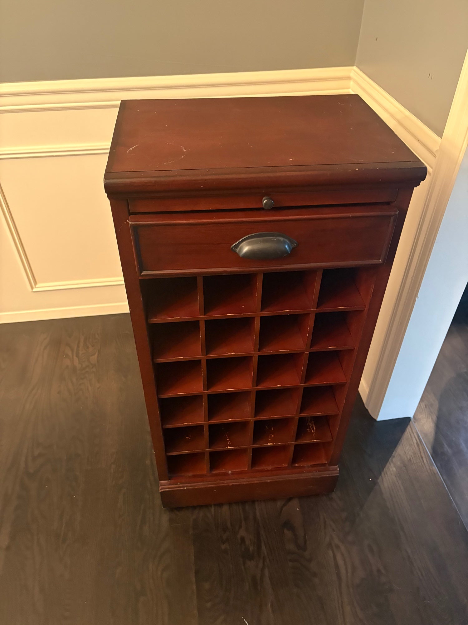Dark Wood Wine Storage Cabinet with Drawer and 25 Bottle Slots