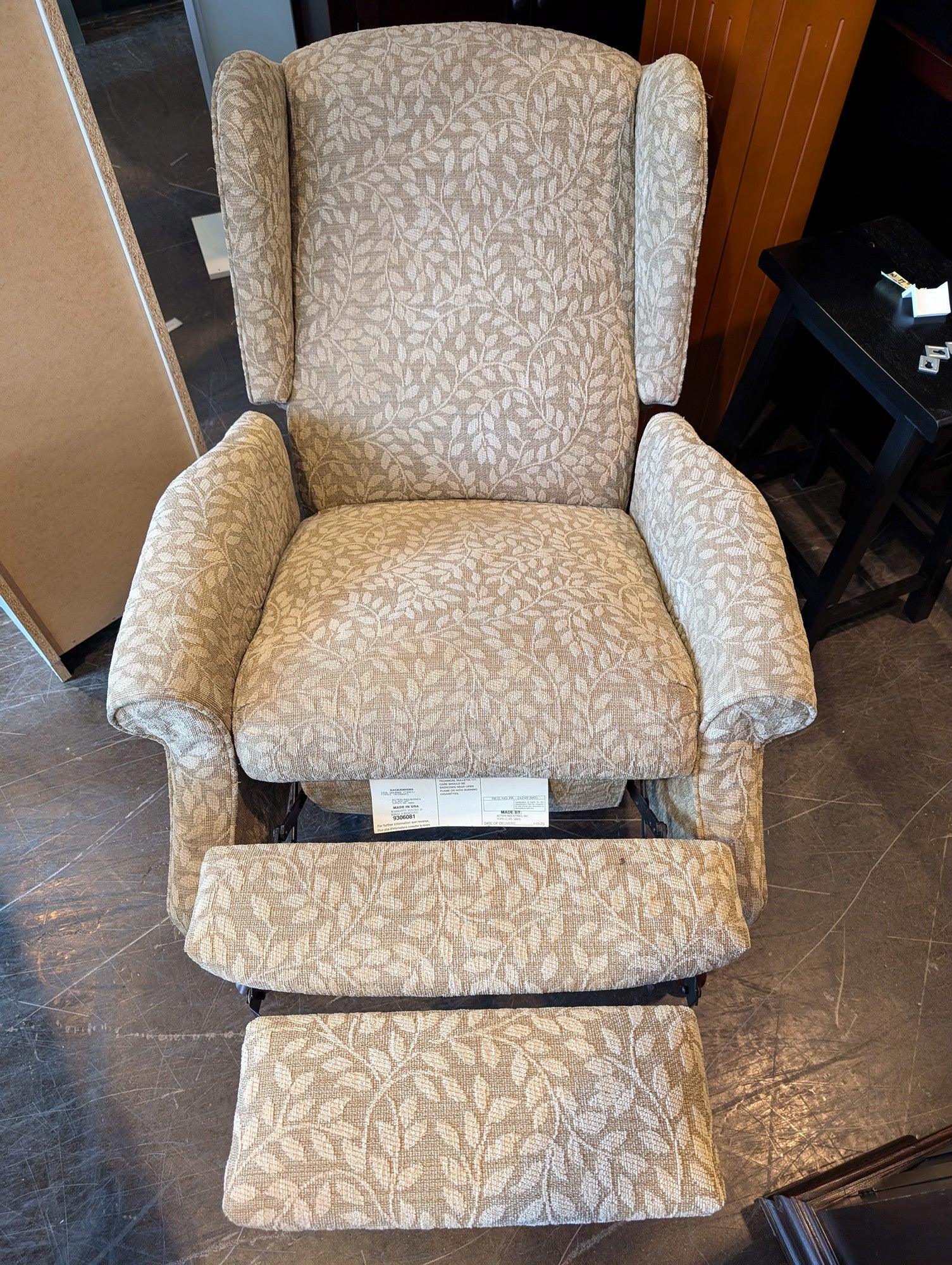 Pair of ACTION INDUSTRIES Beige Leaf Pattern Upholstered Wingback Recliner Chair