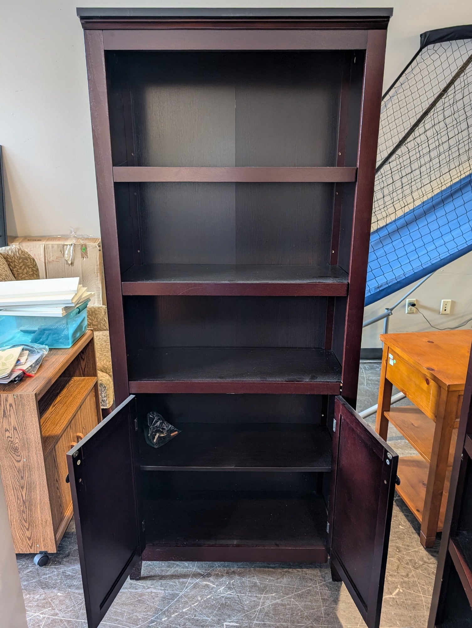 Dark Wood Finish Bookcase with Lower Cabinet Storage