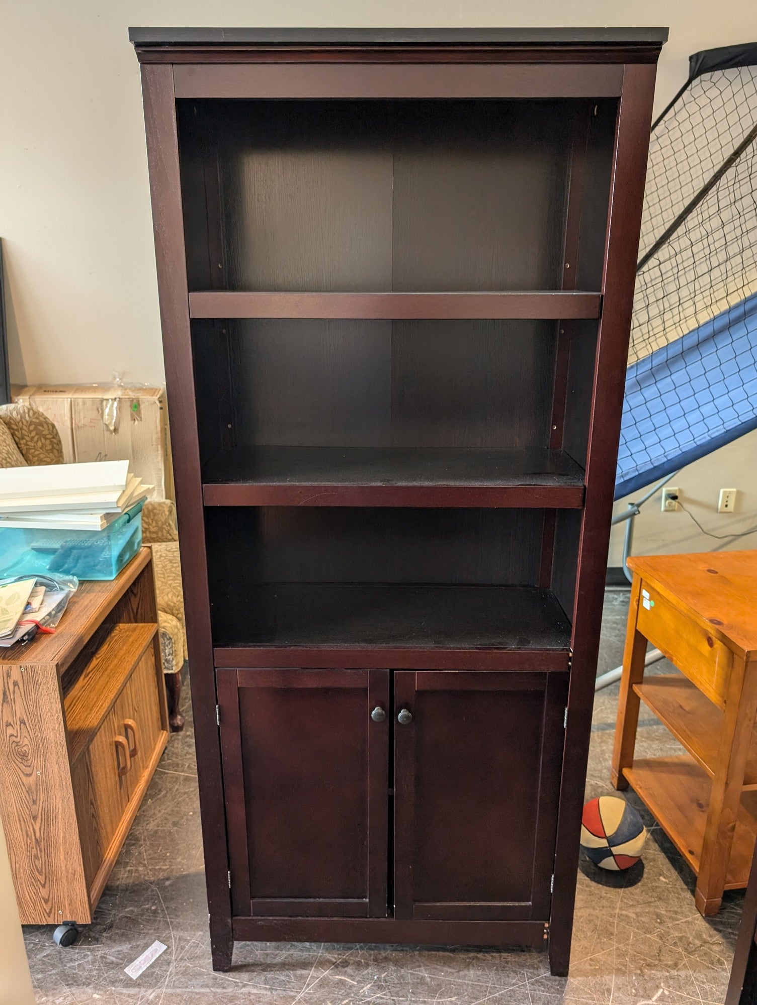 Dark Wood Finish Bookcase with Lower Cabinet Storage
