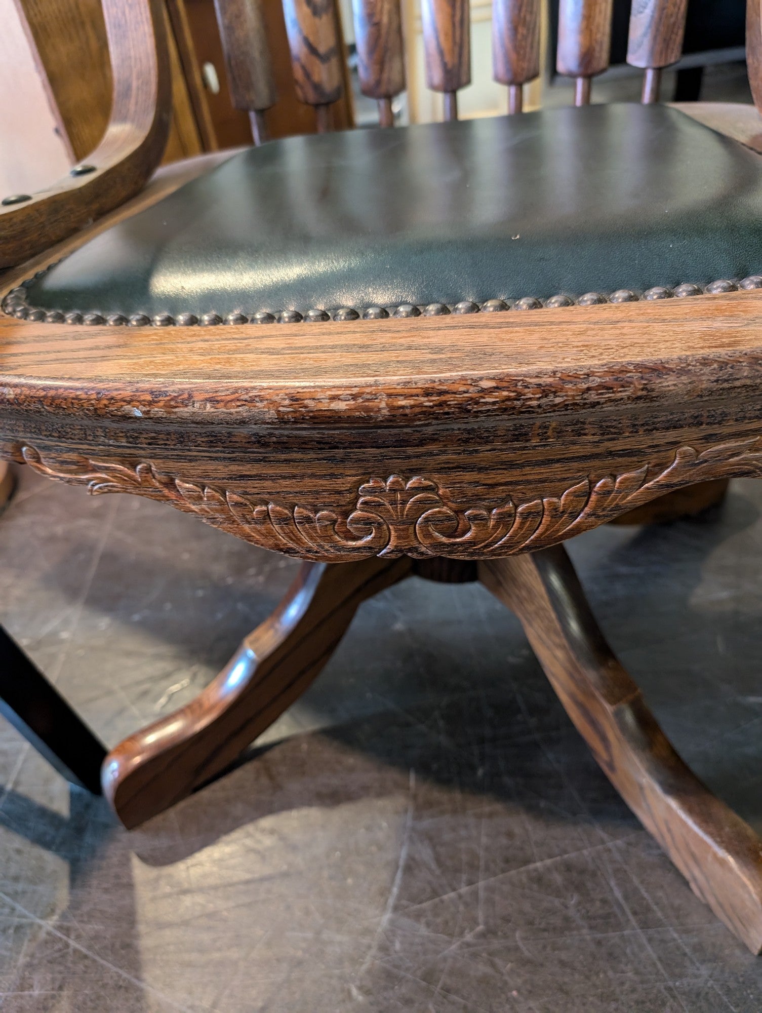 Vintage Oak Swivel Desk Chair with Green Upholstery