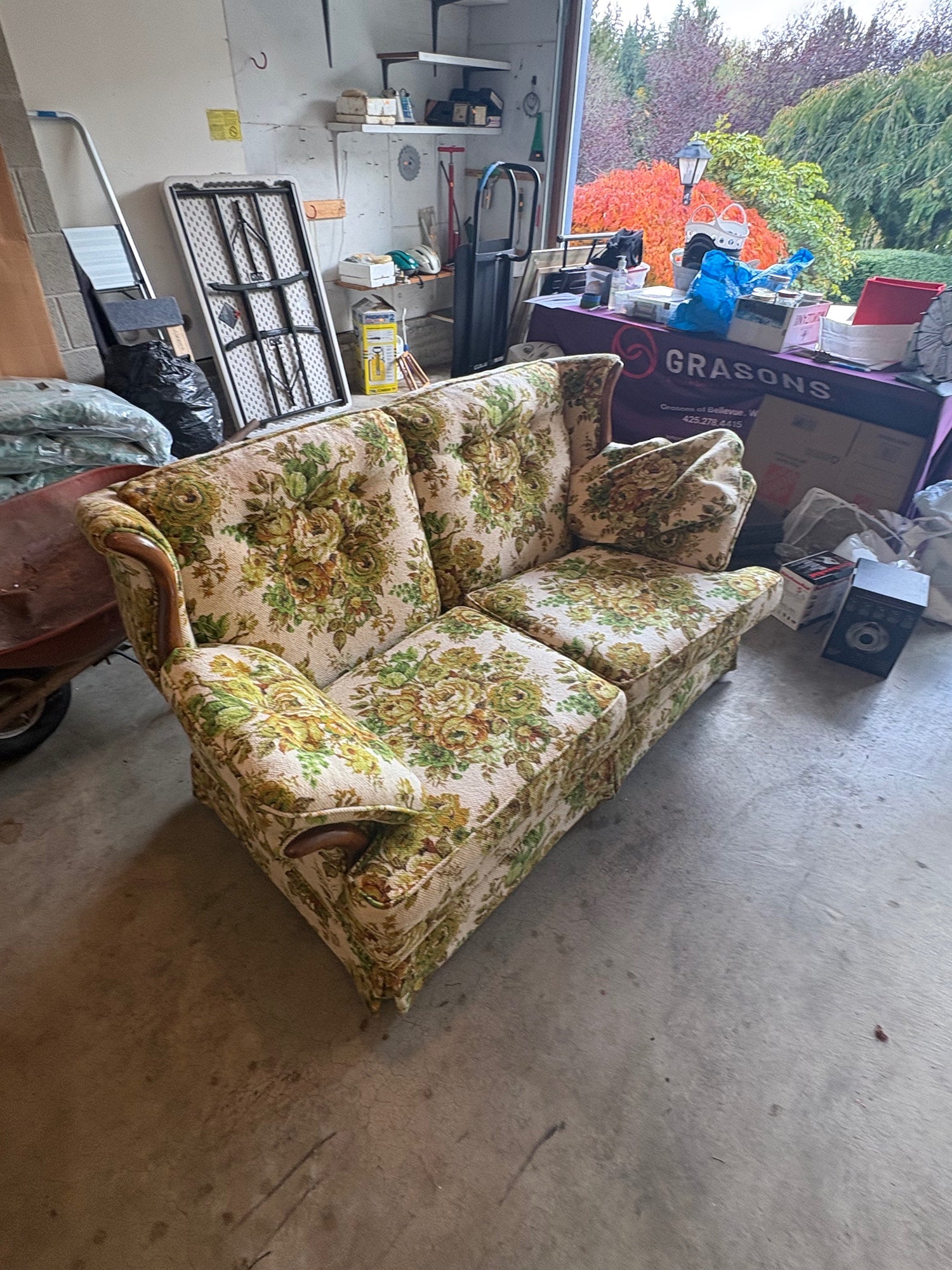 Vintage Floral Upholstered Two-Seater Sofa with Wood Accents