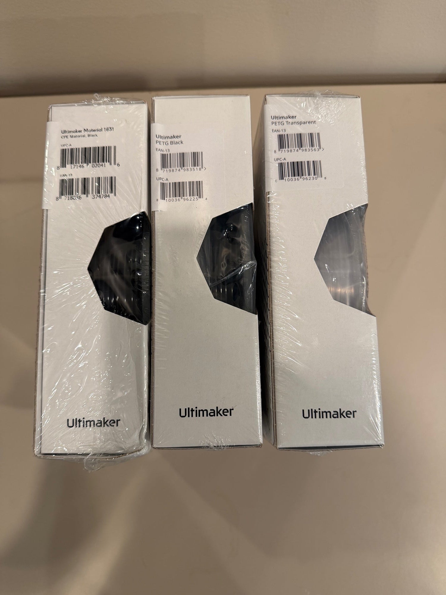 Lot of Three (3) Ultimaker 2.85mm 3D Printer Filament Bundle - CPE Black, PETG Black, PETG Transparent - Brand New (Dmg to Box)