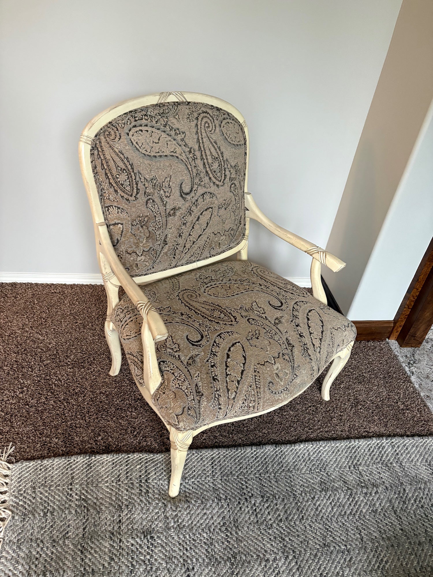 Vintage Style Cream Wood Frame Accent Chair with Paisley Upholstery