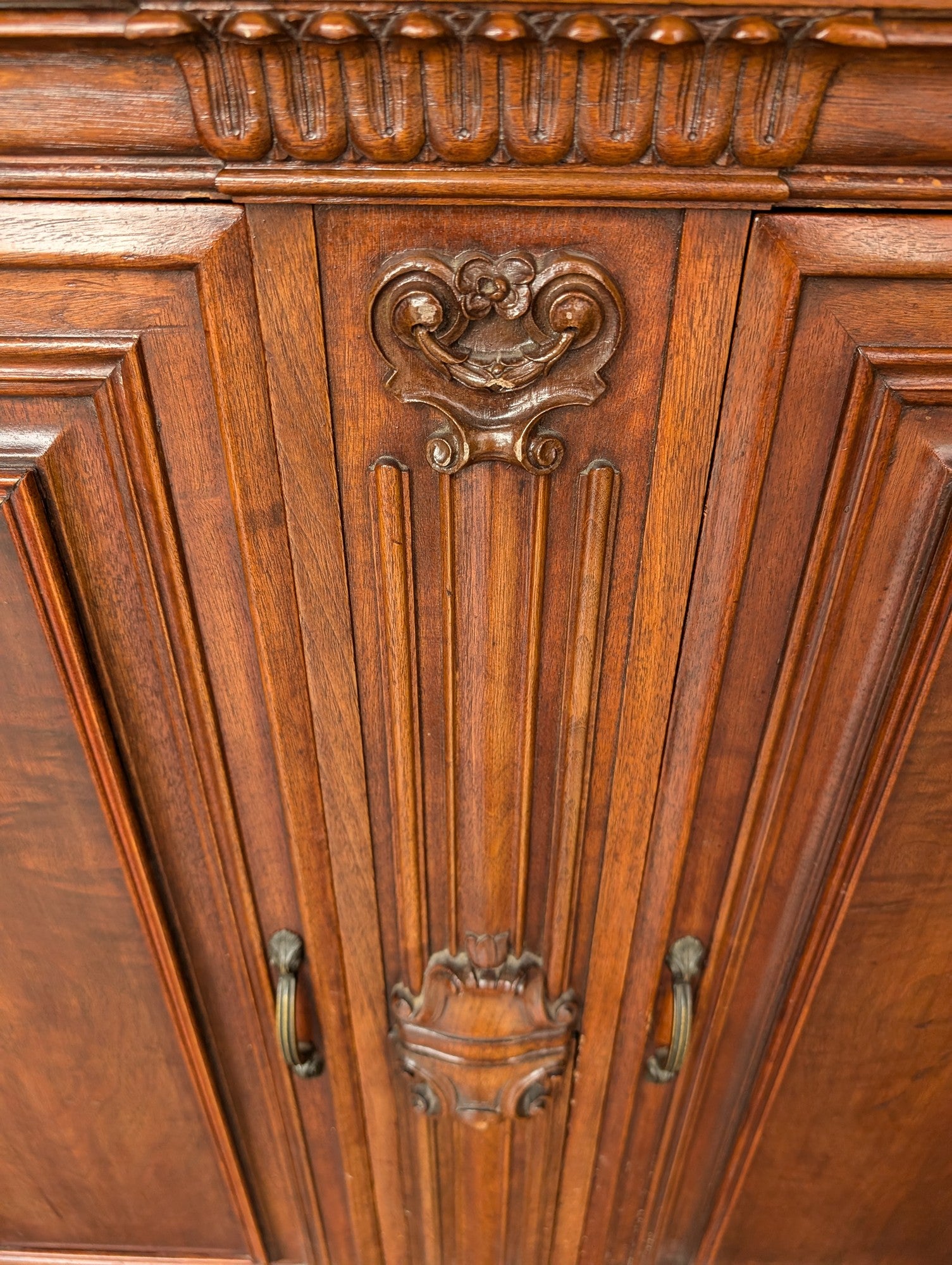 Ornate Carved Wood Sideboard Cabinet with Inlaid Panels