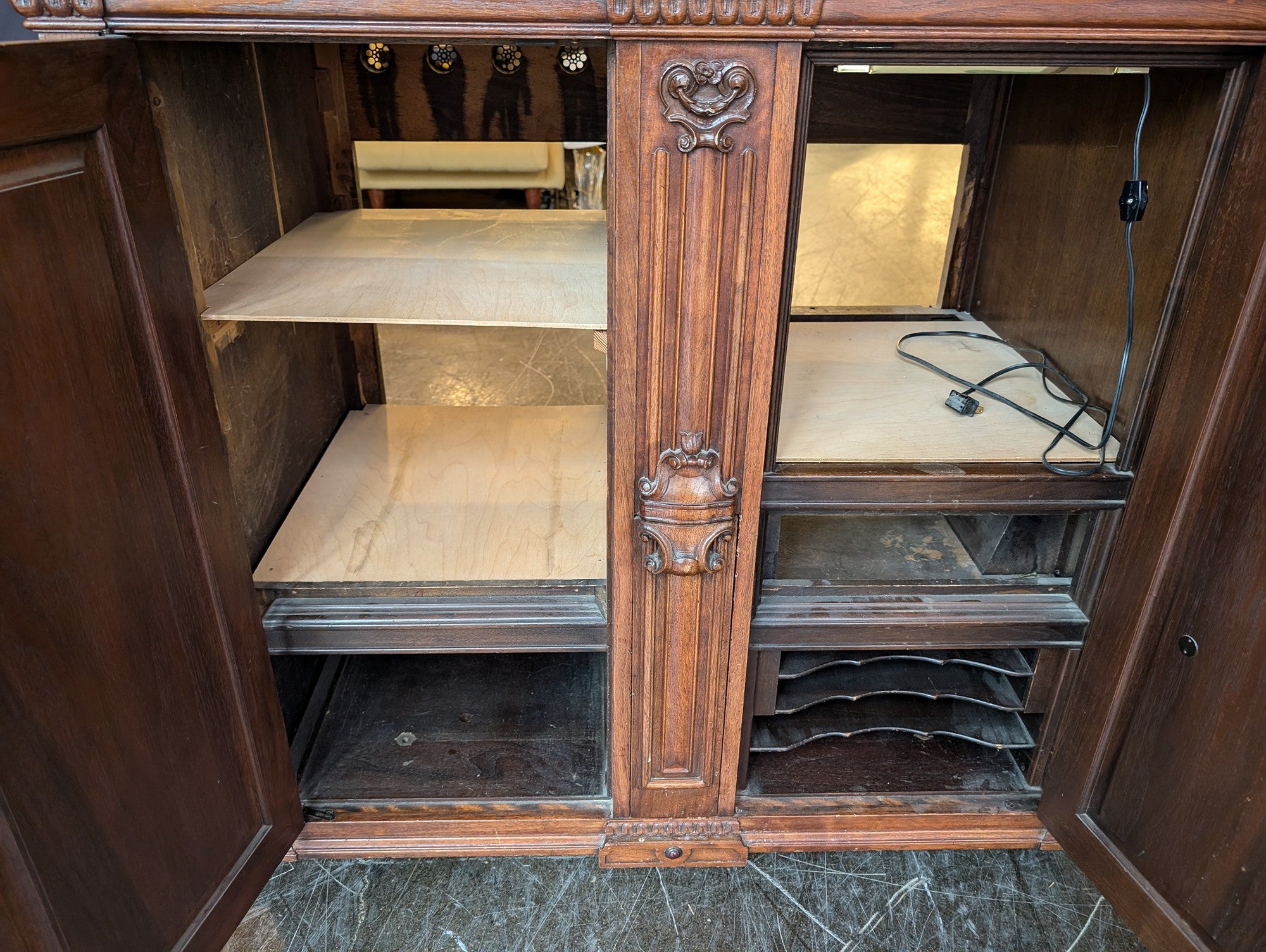 Ornate Carved Wood Sideboard Cabinet with Inlaid Panels
