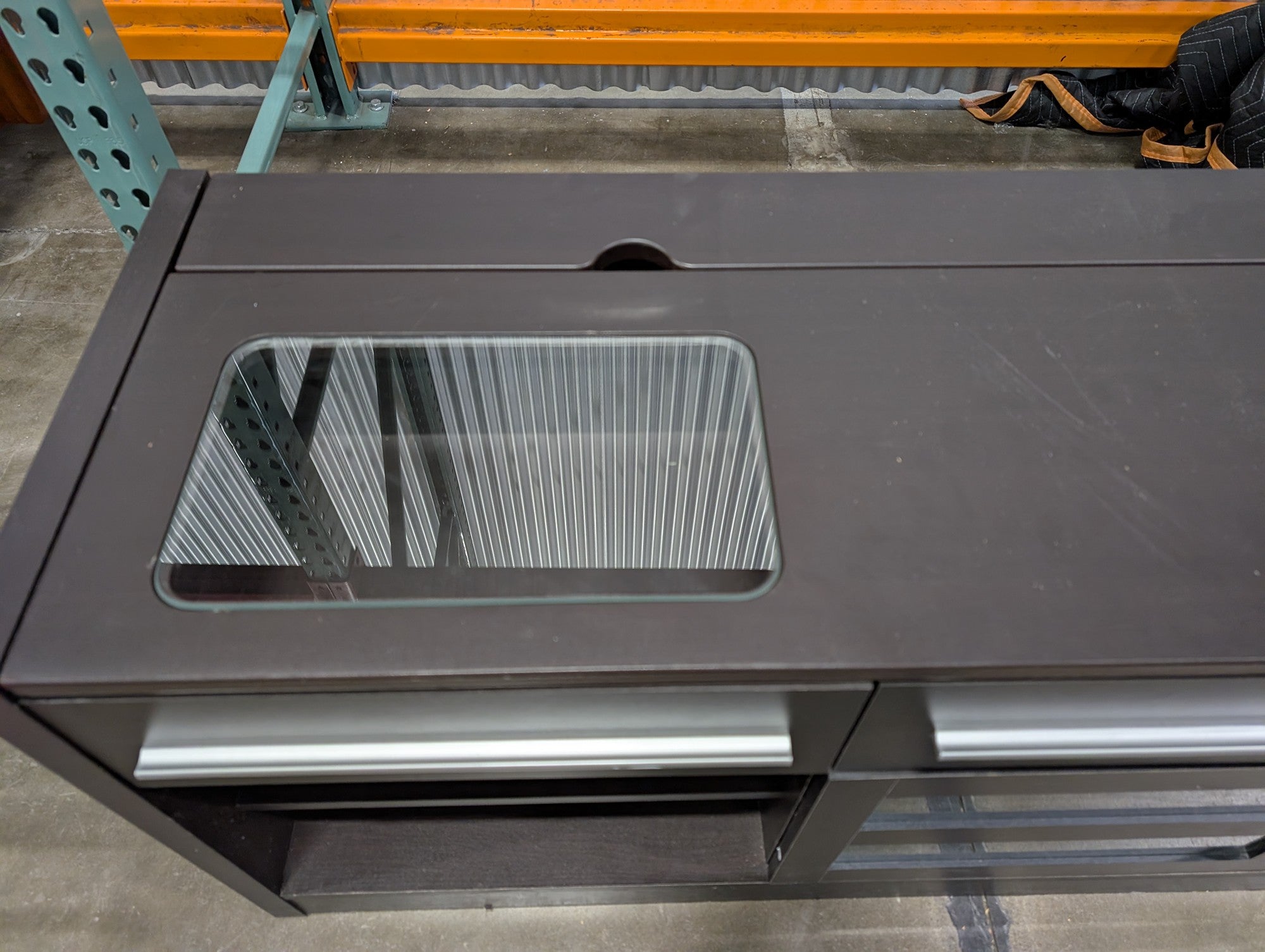 Modern Dark Brown Media Console with Glass Accent and Storage