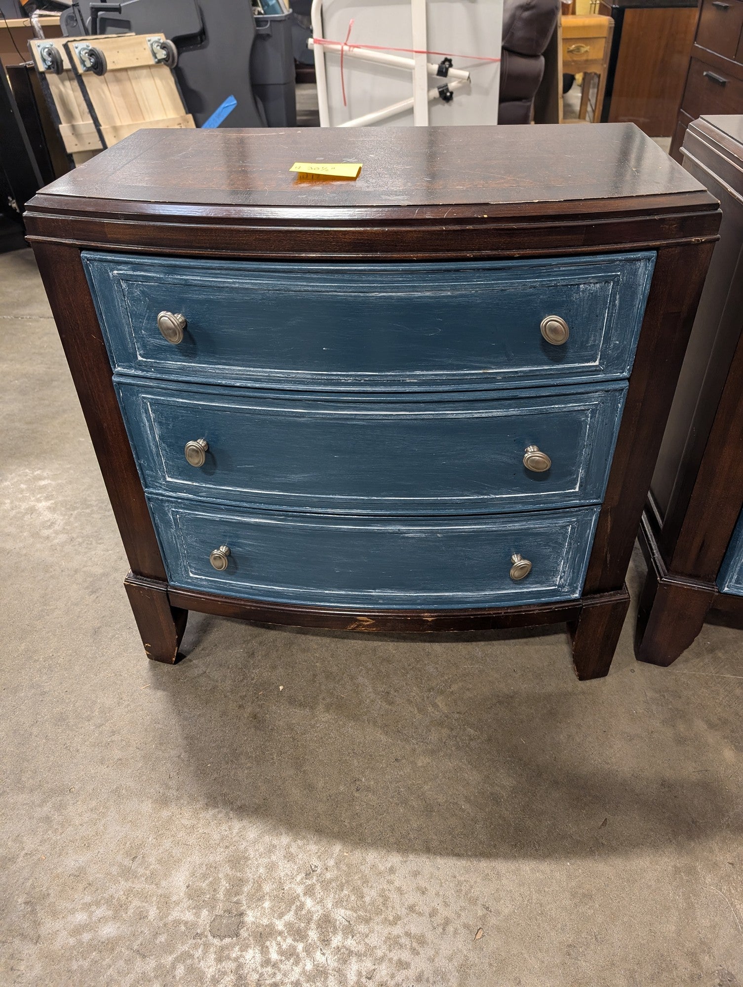 Distressed Blue and Dark Wood Three-Drawer Nightstand