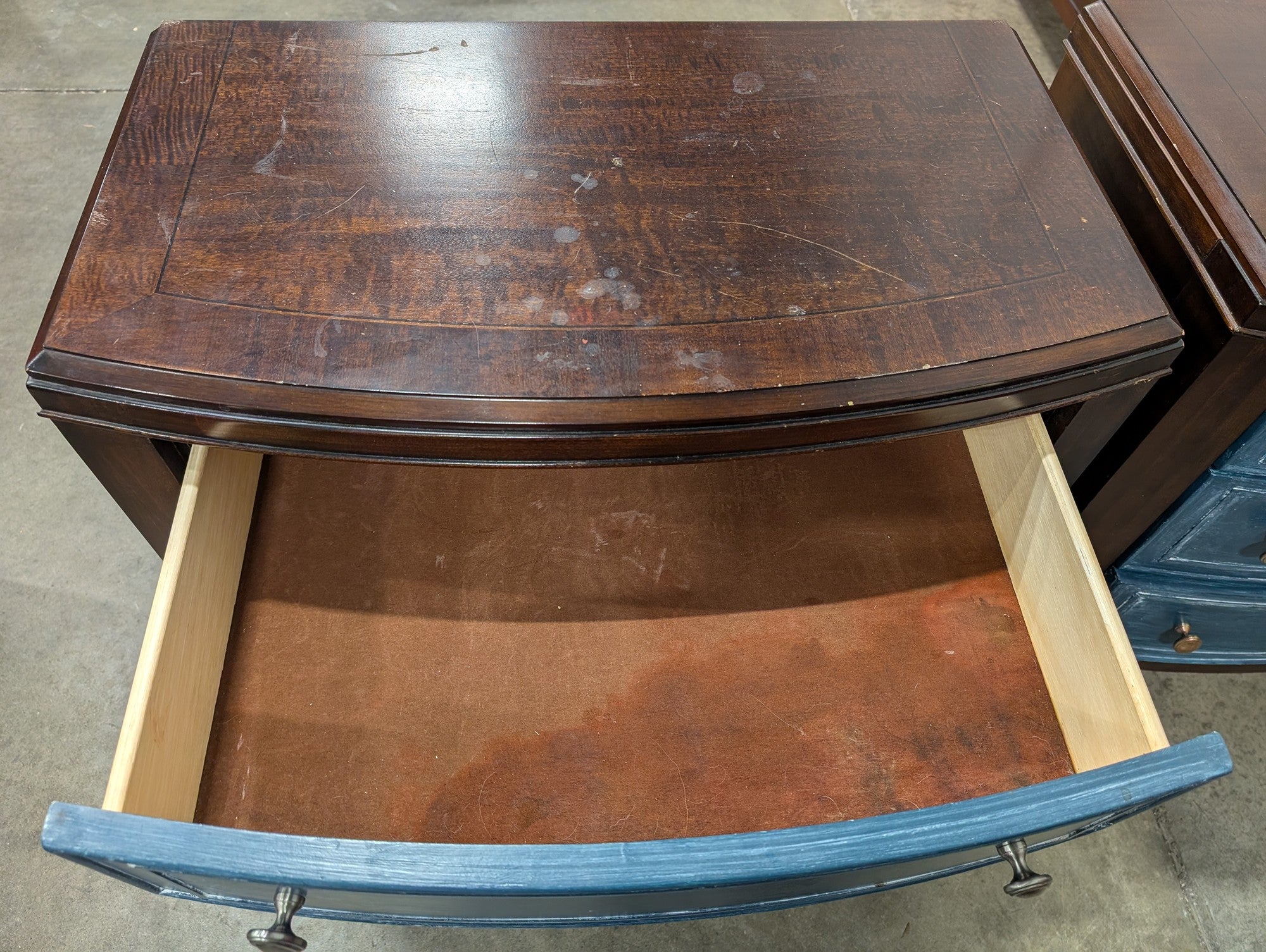 Distressed Blue and Dark Wood Three-Drawer Nightstand