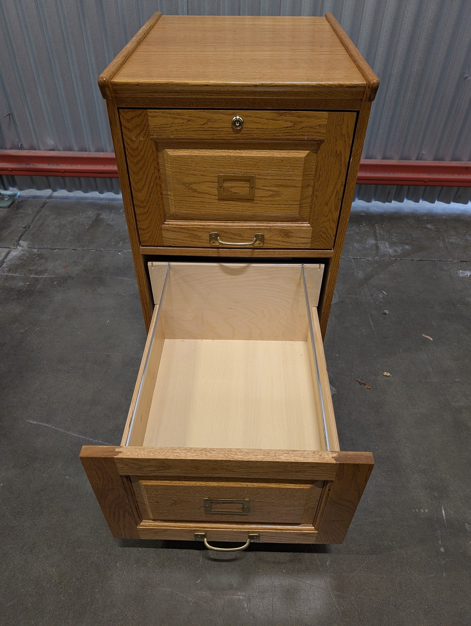 Sturdy Oak Two-Drawer Filing Cabinet with Brass Hardware