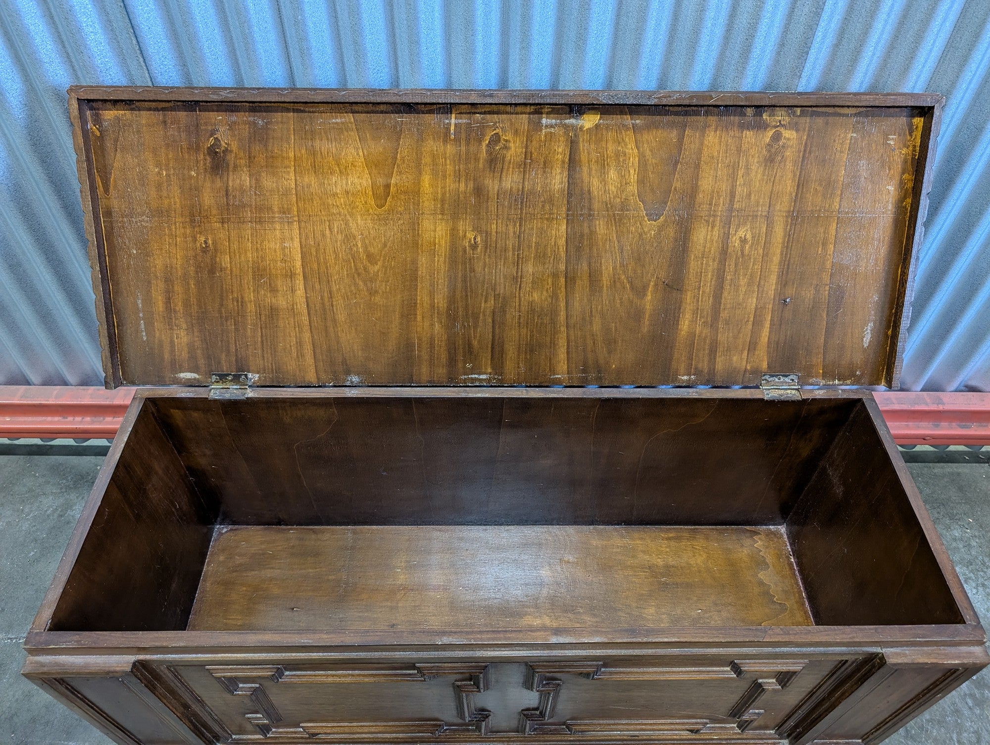 Vintage Dark Wood Storage Chest with Carved Panel Design