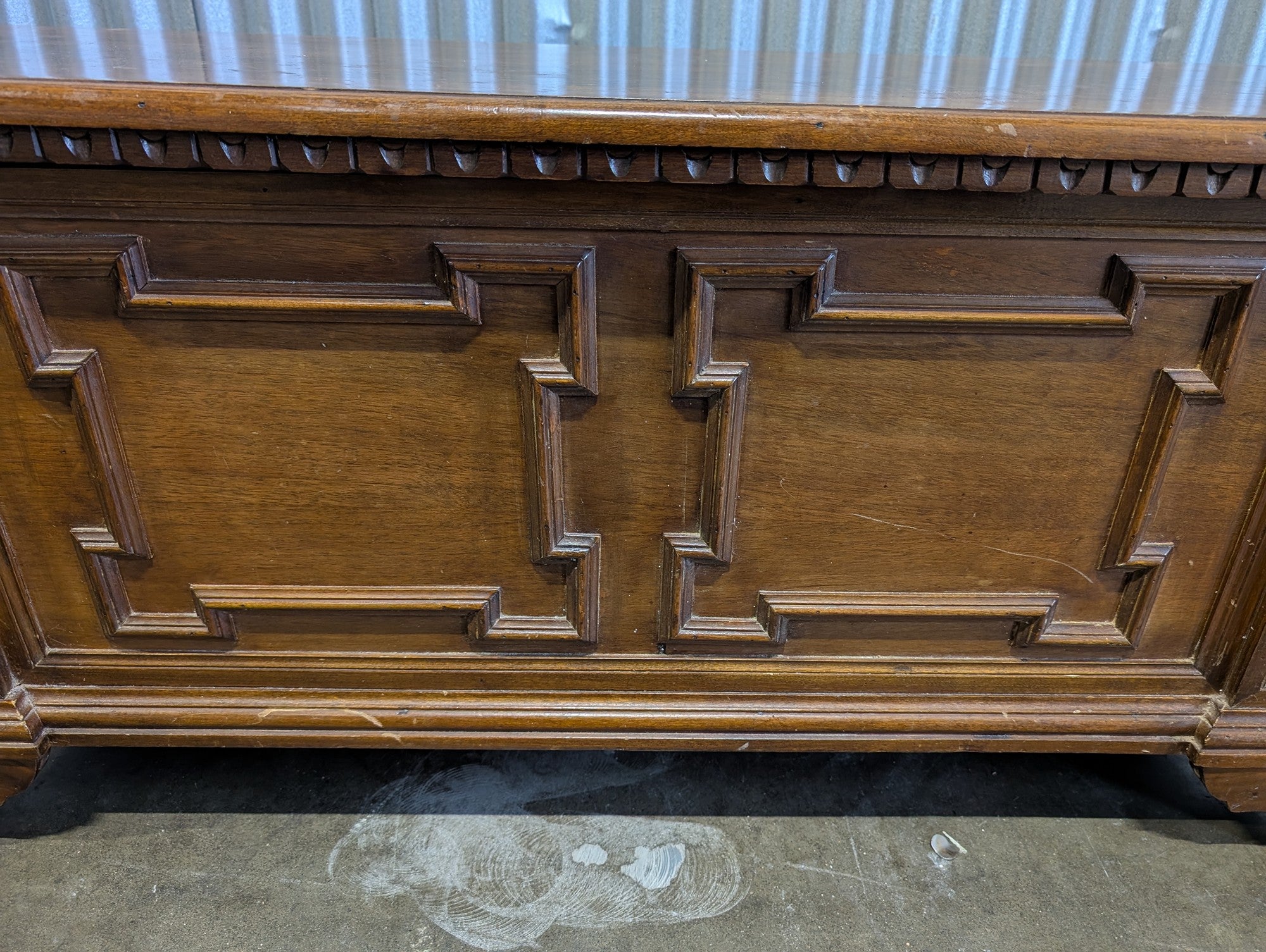 Vintage Dark Wood Storage Chest with Carved Panel Design