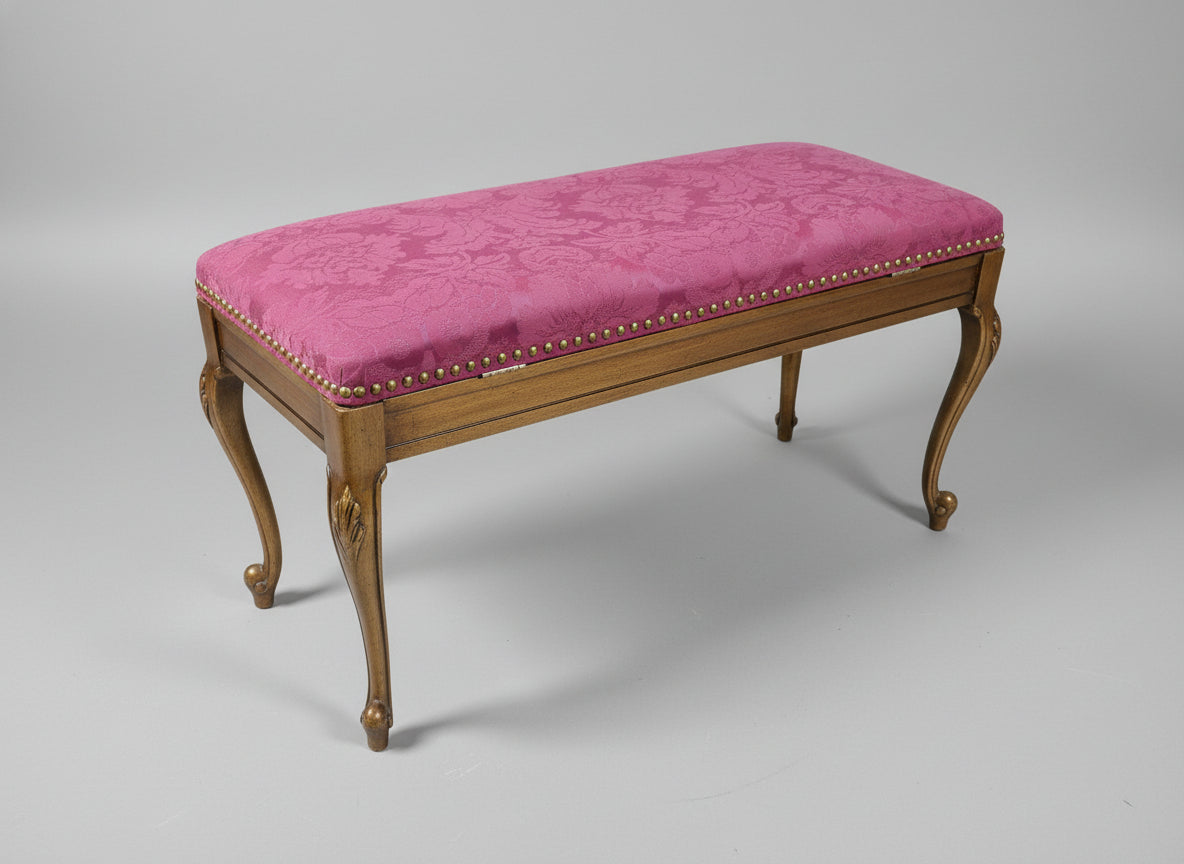 Magenta Damask Upholstered Storage Bench with Carved Wood Legs