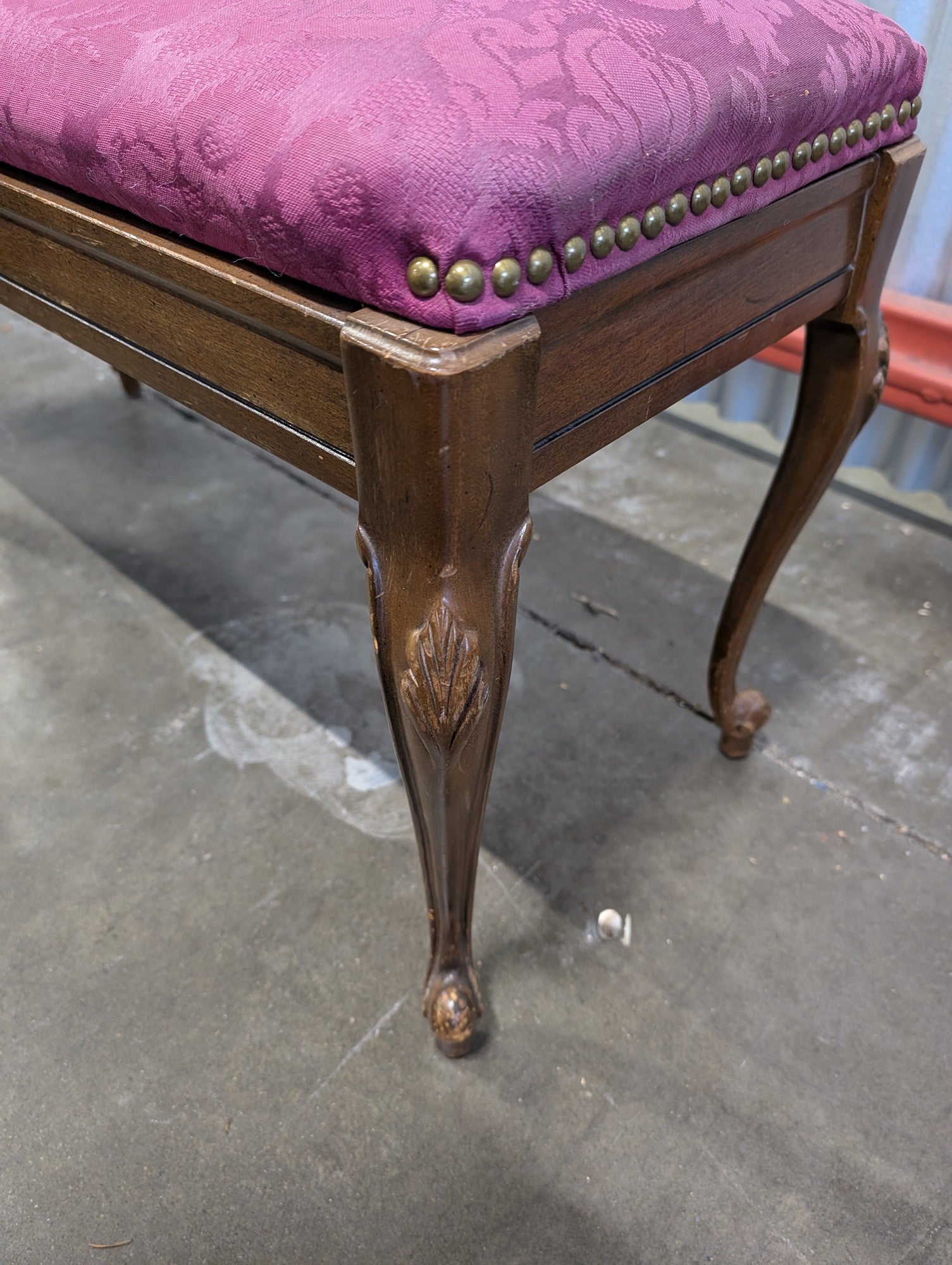 Magenta Damask Upholstered Storage Bench with Carved Wood Legs