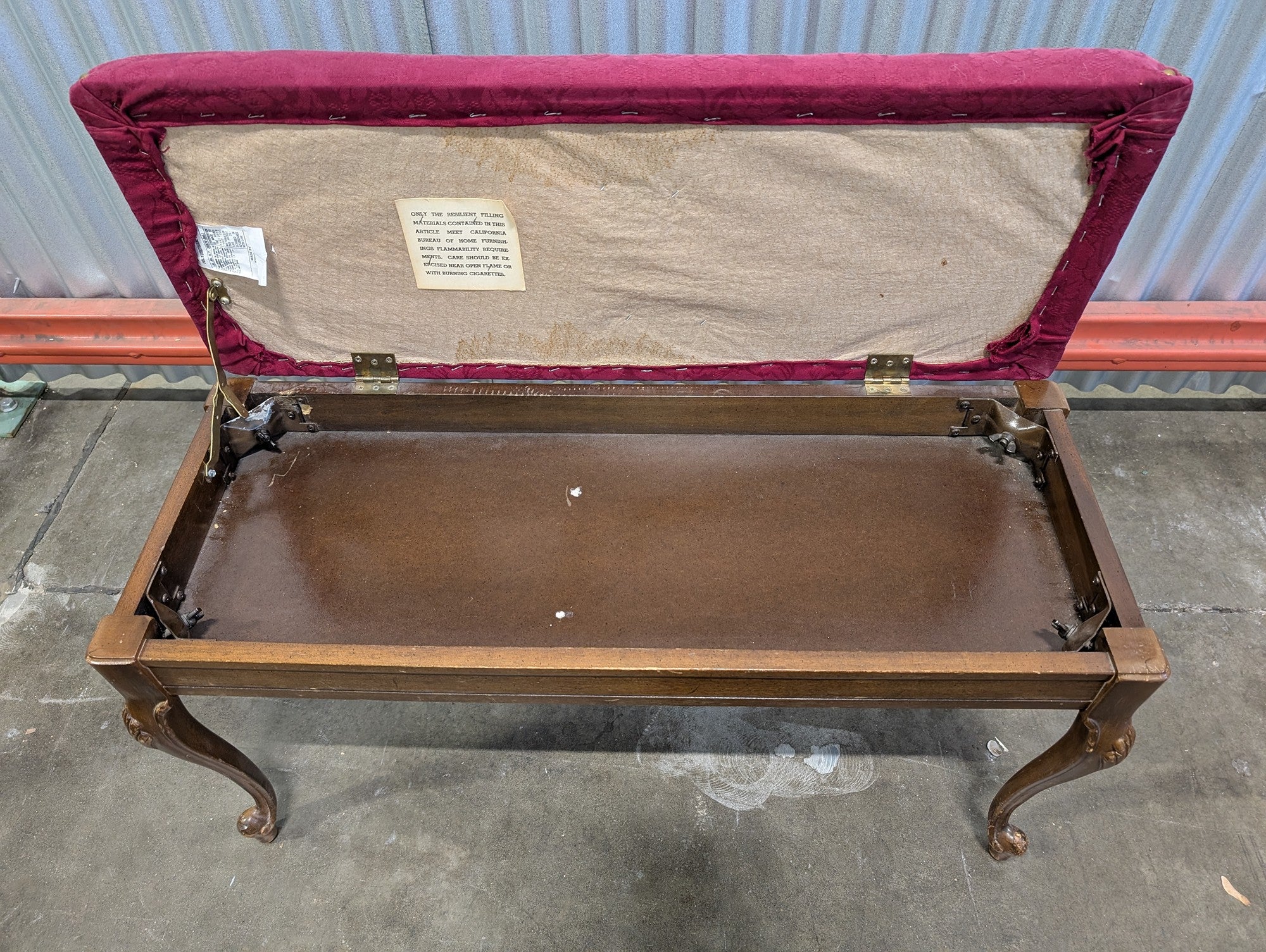Magenta Damask Upholstered Storage Bench with Carved Wood Legs