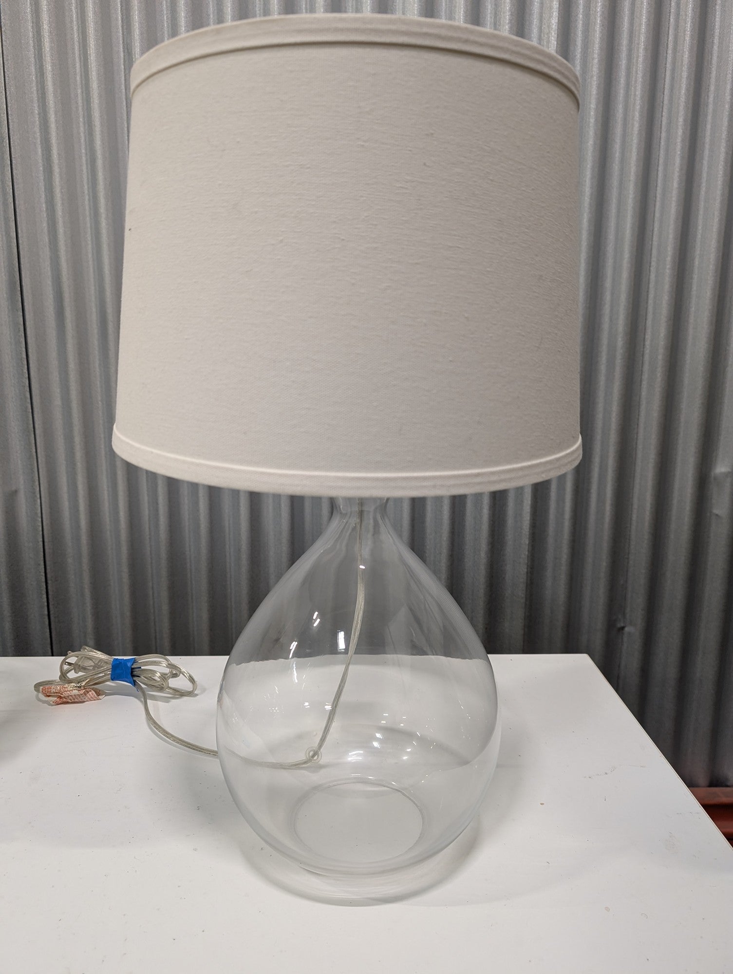 Modern Clear Glass Teardrop Table Lamp with Fabric Drum Shade