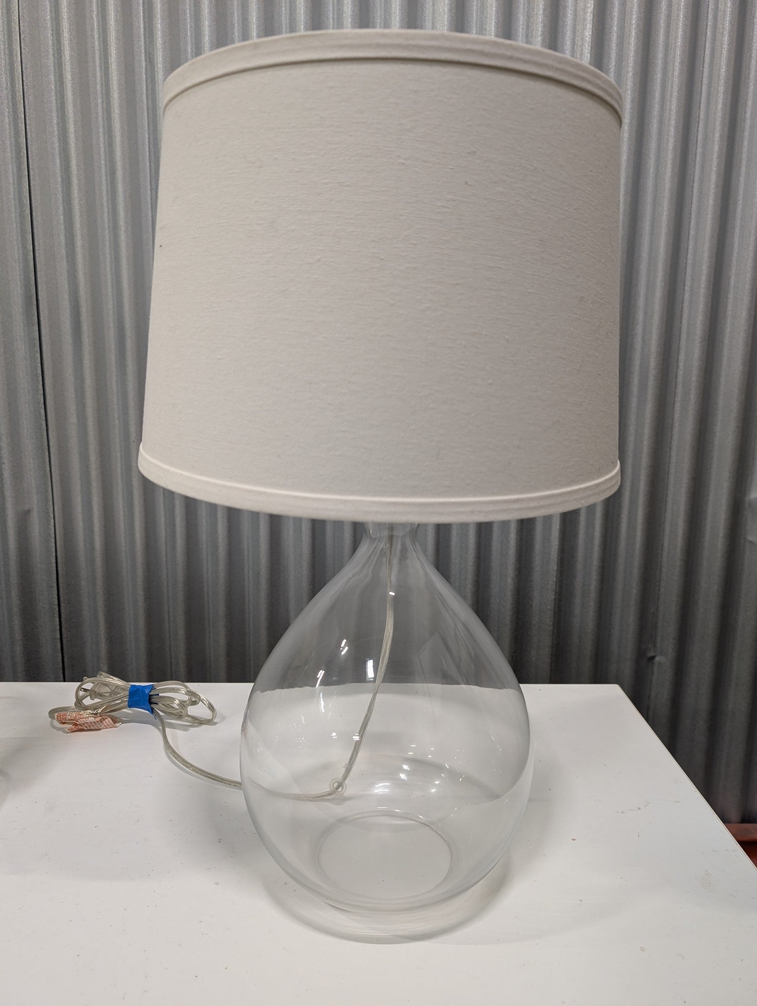 Modern Clear Glass Teardrop Table Lamp with Fabric Drum Shade