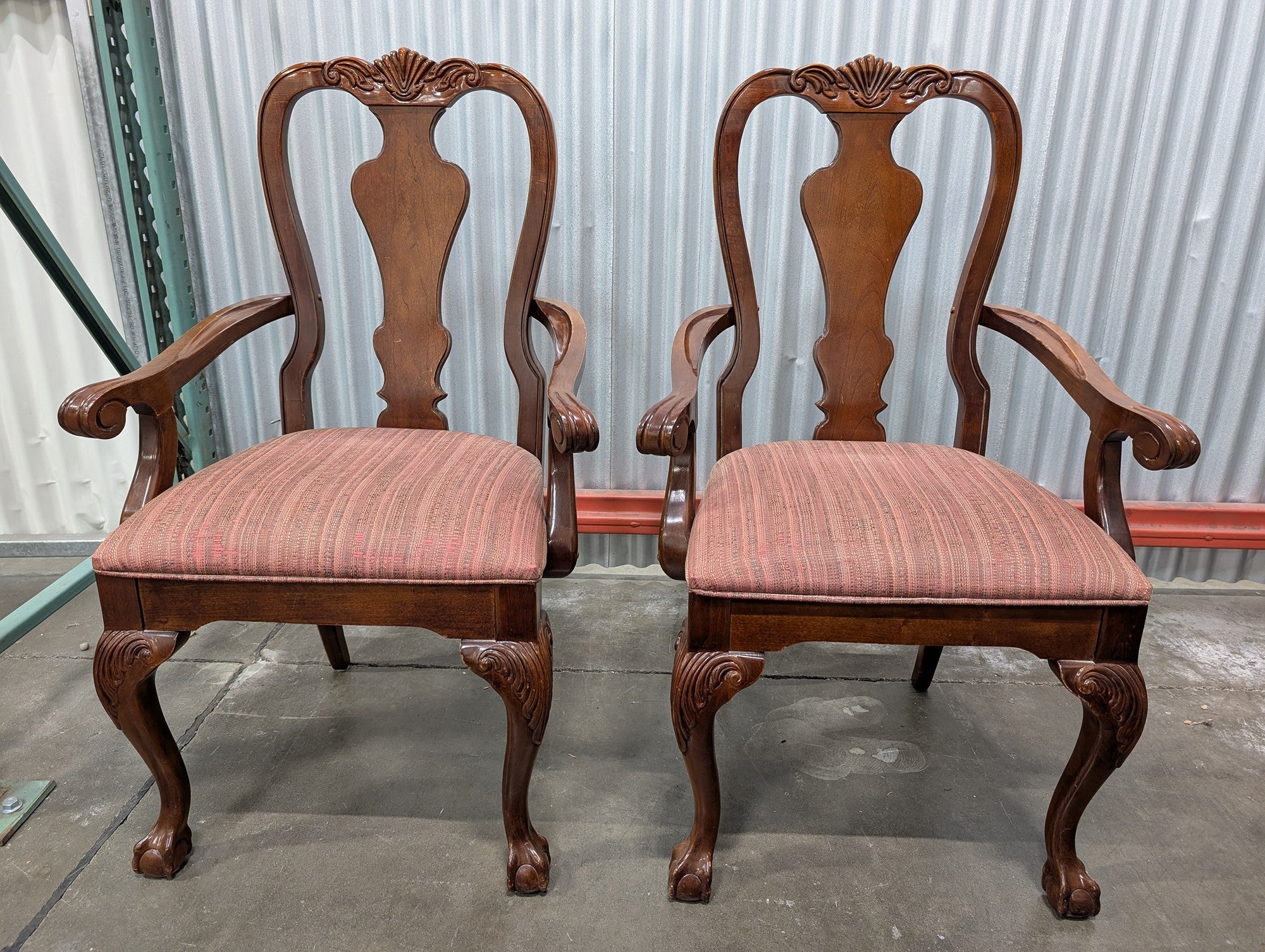 Pair of Traditional Thomasville Carved Wood Armchairs with Upholstered Seats