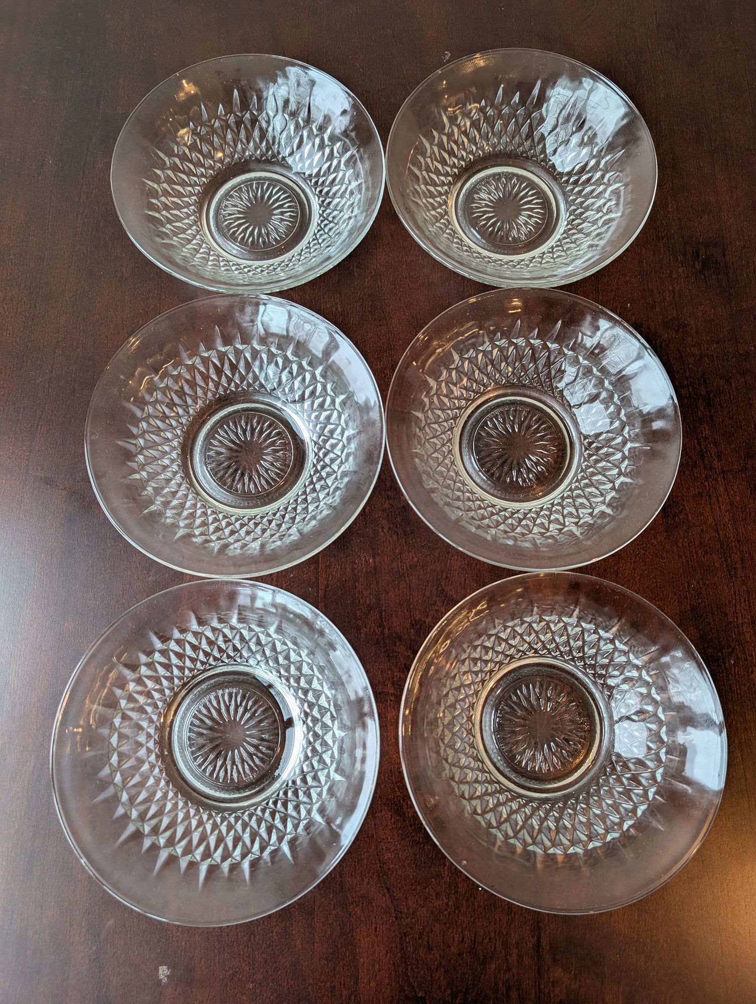 Set of Six Vintage Clear Glass Berry Bowls with Diamond Cut Design