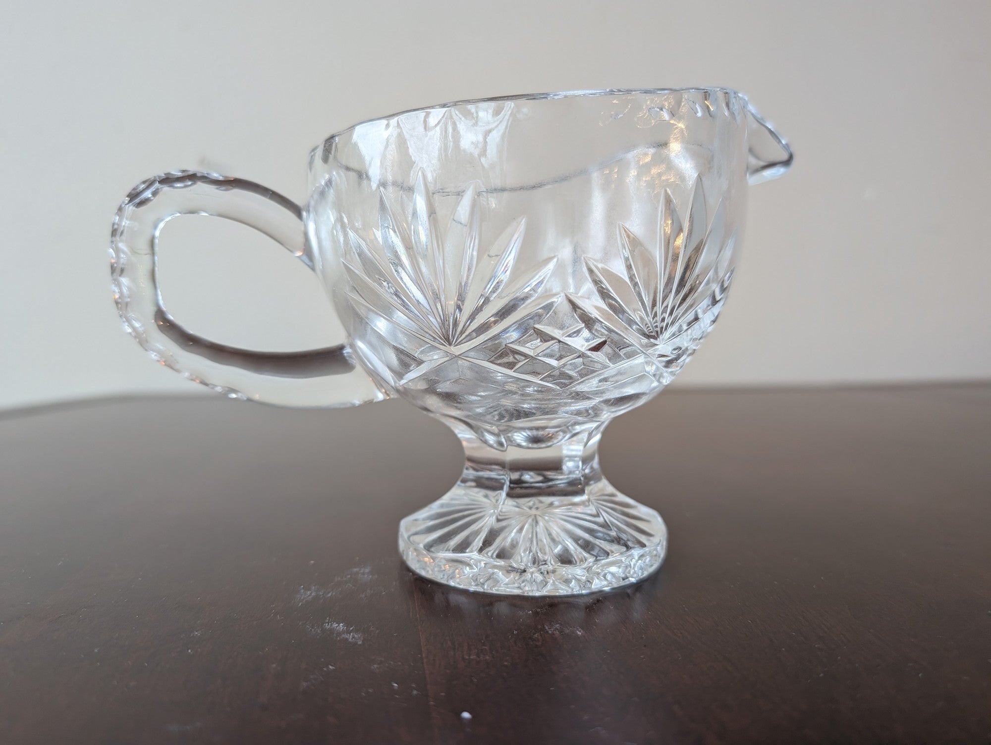 Vintage Clear Glass Footed Creamer with Cut Pattern