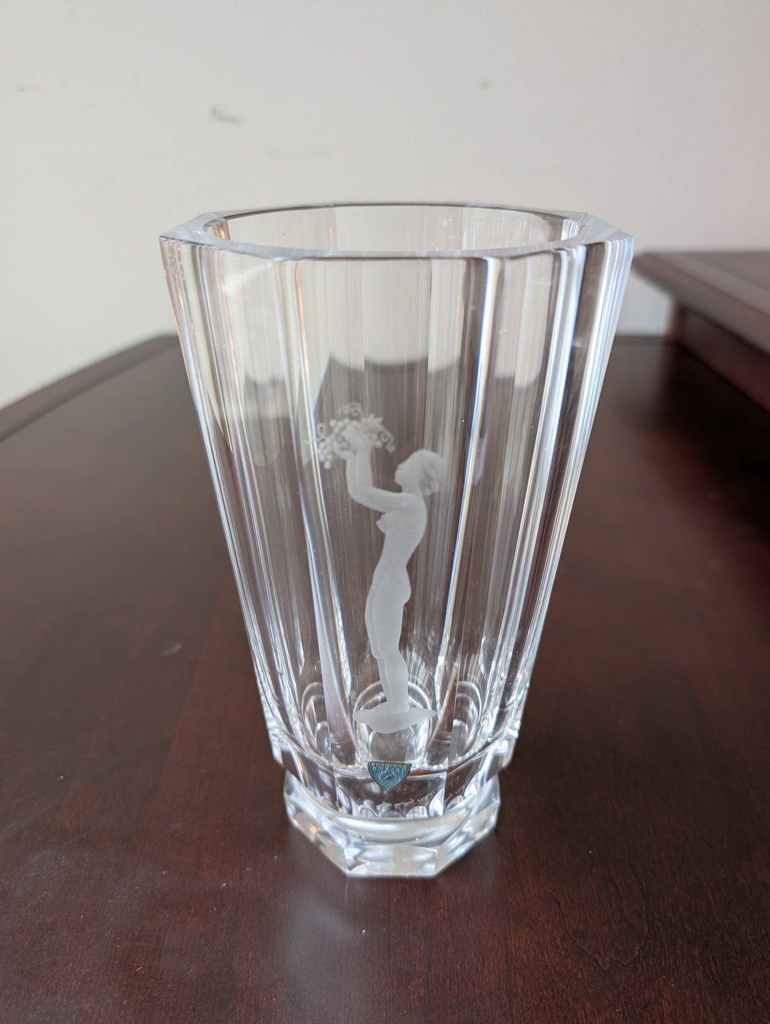 Orrefors Crystal Faceted Vase with Etched Nude Figure and Grapes