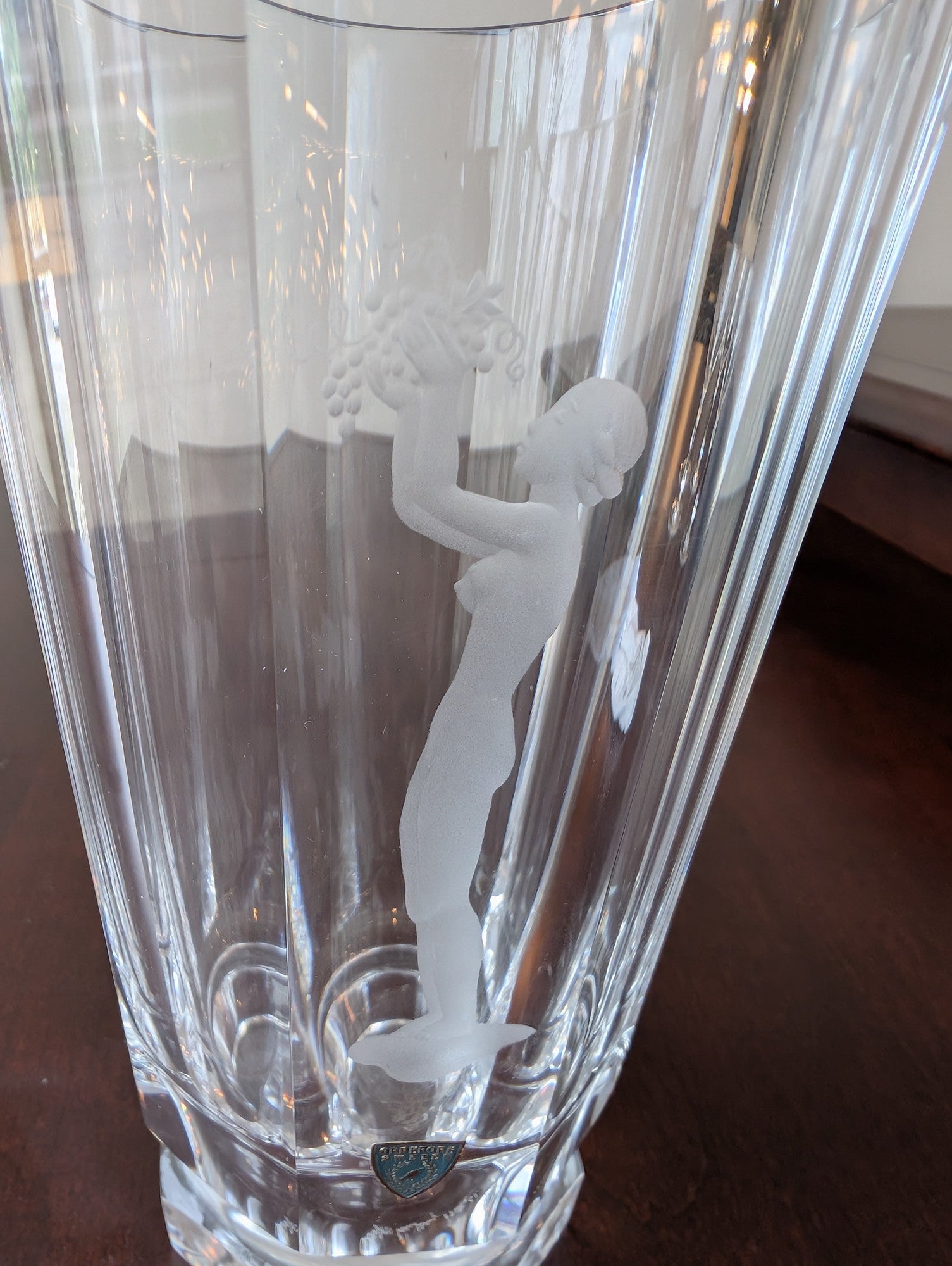 Orrefors Crystal Faceted Vase with Etched Nude Figure and Grapes