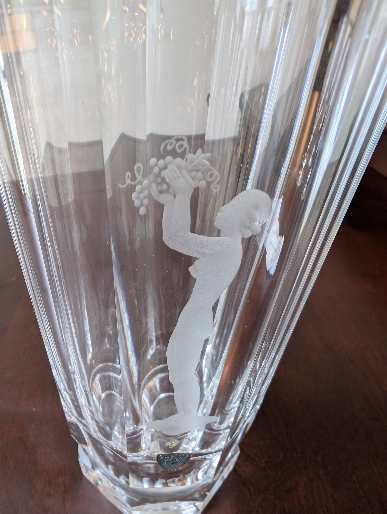 Orrefors Crystal Faceted Vase with Etched Nude Figure and Grapes