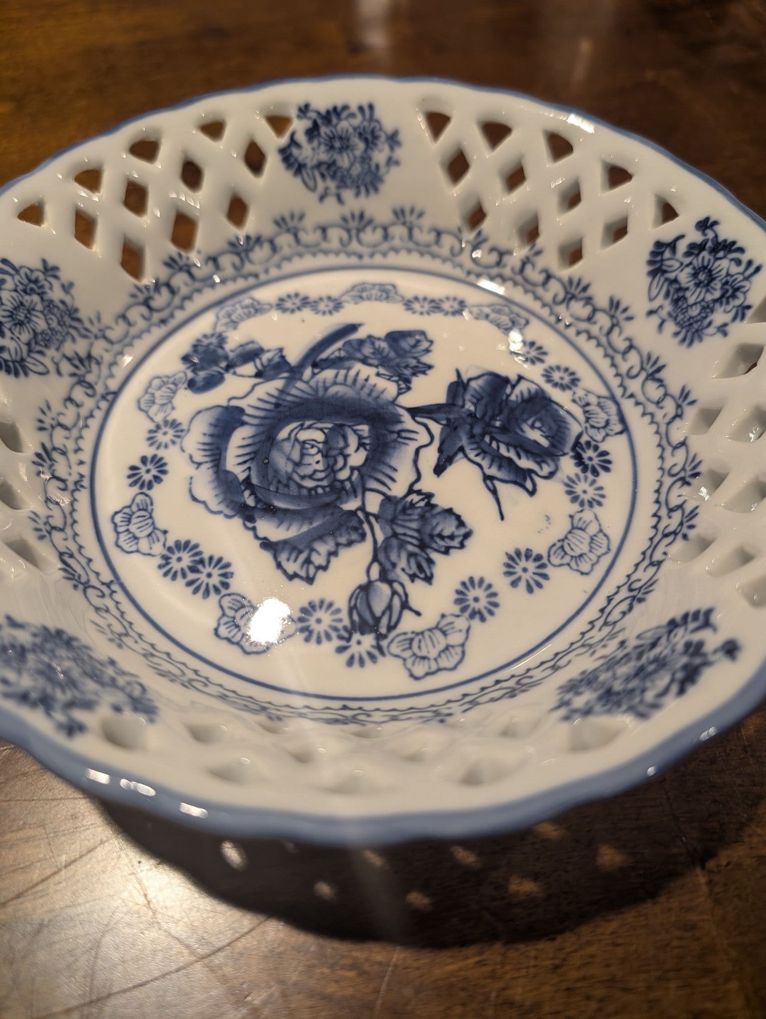 Charming Blue Floral Pierced Porcelain Dish